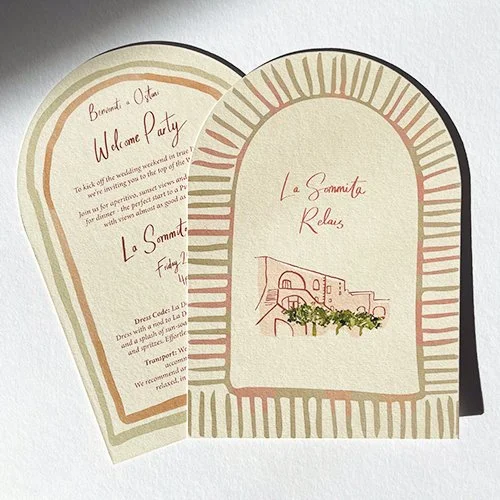 Open invitation cards for La Sommita Relay event with handwritten and printed text, and a simple illustration of a building with greenery.