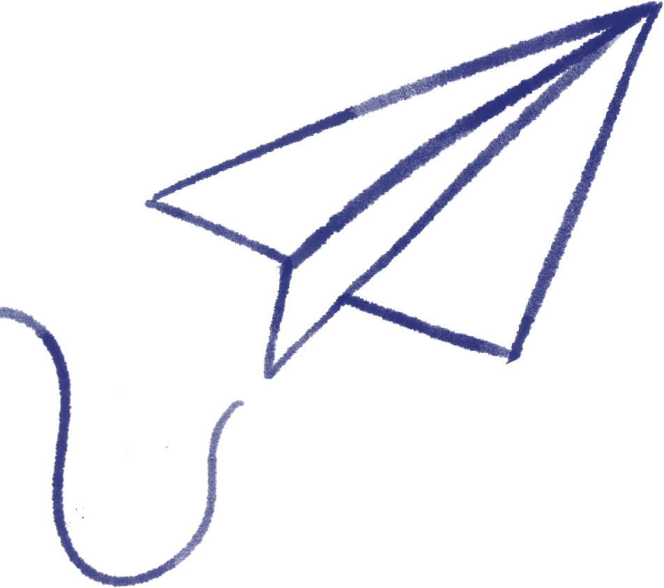 Drawing of a hand holding a paper airplane, outlined in blue on a black background.