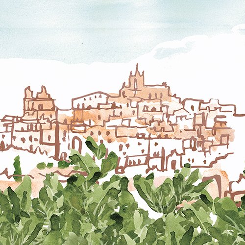 Watercolor painting of a hillside town with green trees in the foreground.