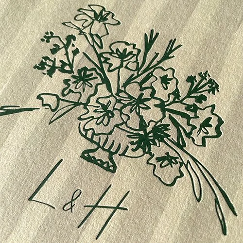 Line drawing of a bouquet of flowers with "L & H" written below.