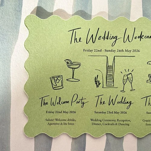 A light green wedding weekend event schedule with black line drawings of a wine glass, a cocktail, the Eiffel Tower, and champagne glasses.