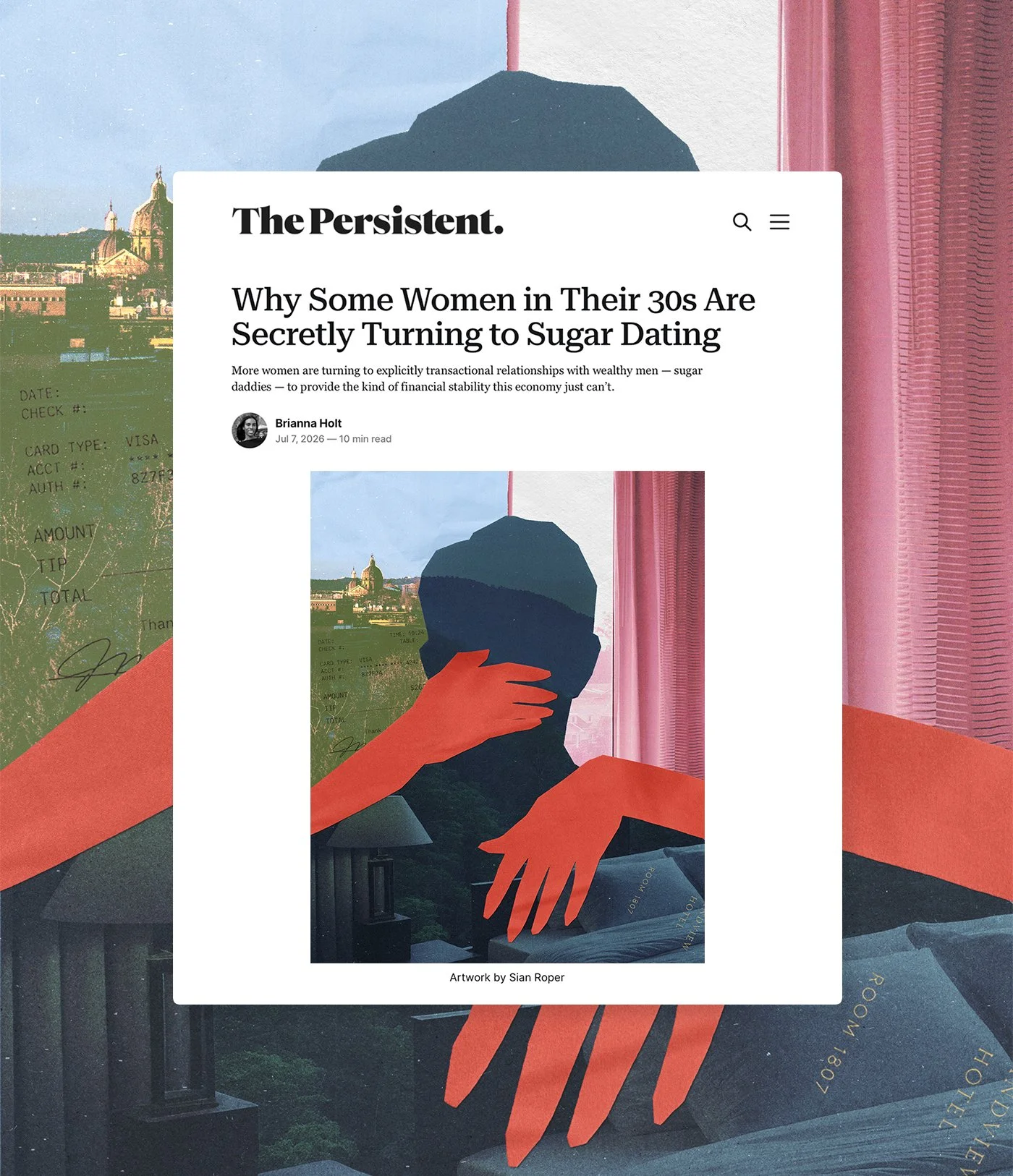editorial collage illustration shown in situ alongside article title and publication name. A shadowy anonymous male silhouette is being held by a female, her hands in red gloves draped around his neck and shoulders. The story is about sugar dating.