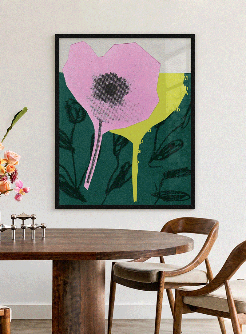 wall art black framed prints of graphic flowers in bright bold colours, with collage style cutout shapes and illustrative elements such as crayon pencil and paint