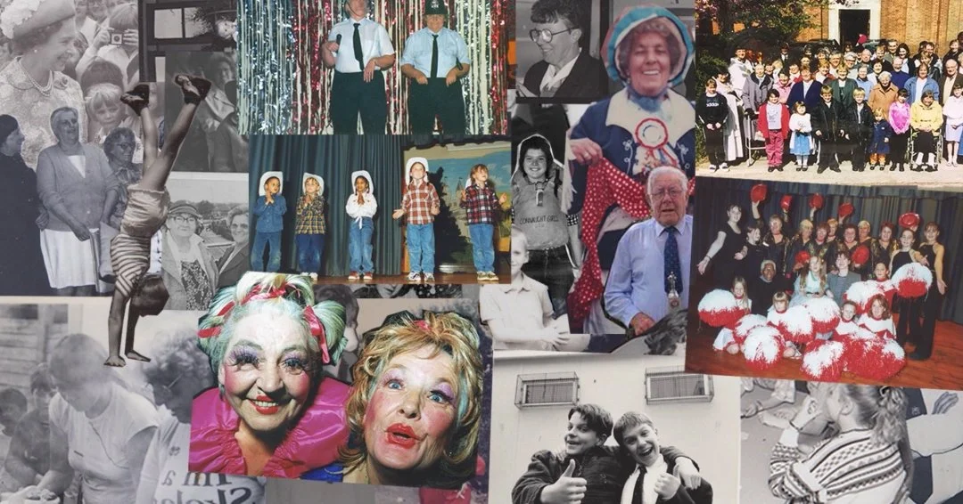 layered photo collage using vintage retro analogue photos, cutout and overlapping. Shows residents of Knowle West Bristol and previous generations.