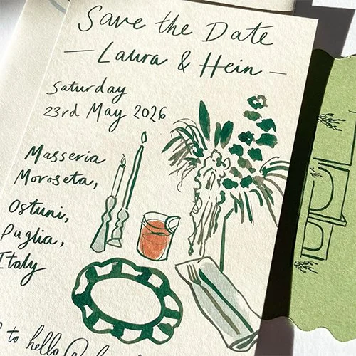 A hand-drawn save the date card, featuring greenery, candles, a glass of drink, a ring holder, and some containers or decor.