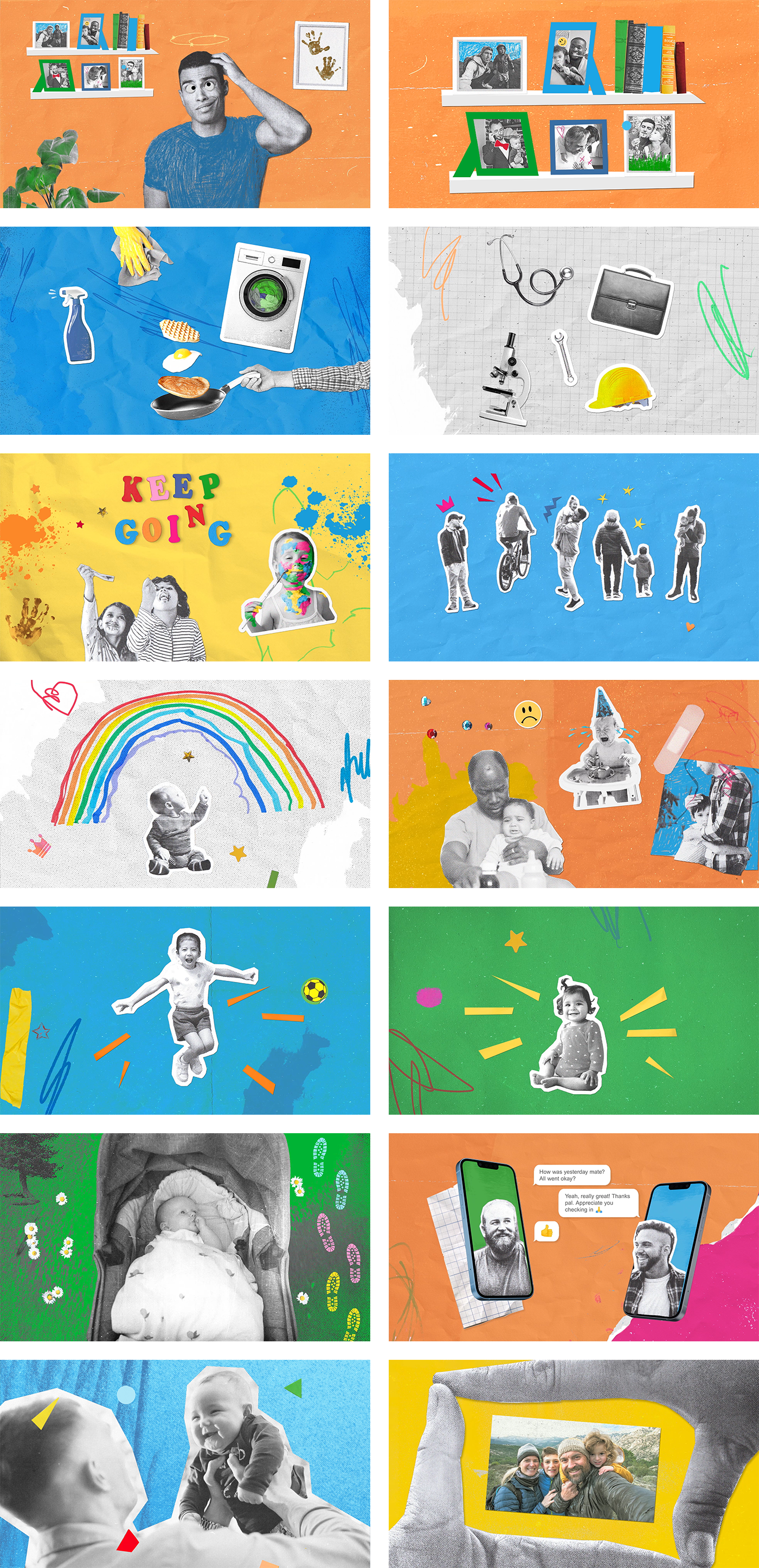 static stills and frames making up part of the storyboard for this Dads themed collage animation film. Each artwork is fun of cutout images, illustration marks, paint, lettering, shapes and textures. All focussed on life as a Dad and parenting