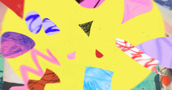 gif of paint swipes, scribble marks, spray paint and patterned shapes fly out fast from the centre like a tunnel. A filwood broadway bus drives towards the screen and moves closer