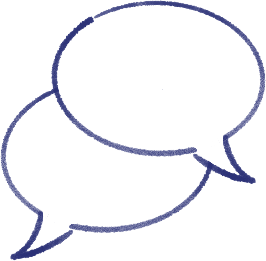 Two overlapping speech bubbles outlined in blue against a black background.