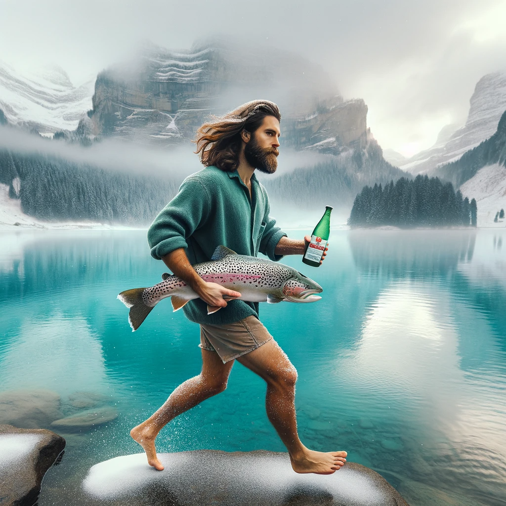 DALL·E 2024-01-01 12.44.22 - A man with long hair and a beard, wearing shorts, is walking over a misty 'Nebelmeer' above a vibrant Fendant blue Swiss lake, set against a backdrop .png