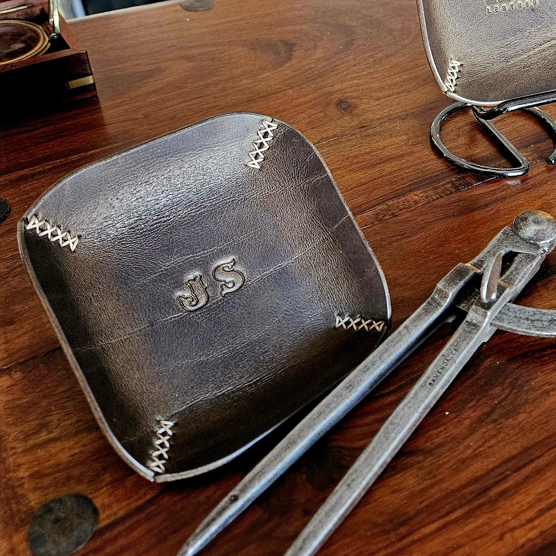 Leather tray, hand stitched. Personalised leather tray. Hand stitched. Vegetable tanned leather.