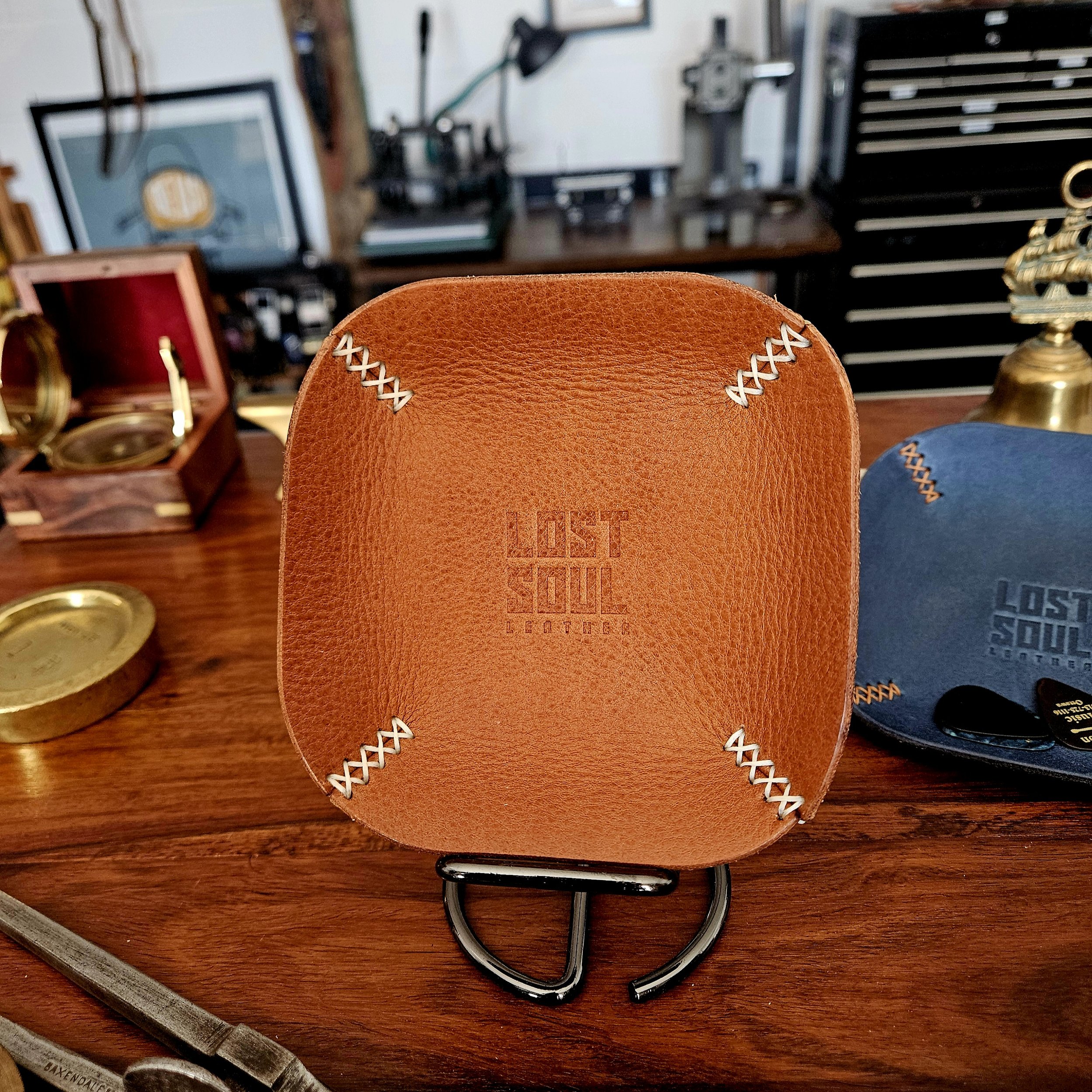 Leather tray, hand stitched. Personalised leather tray. Hand stitched. Vegetable tanned leather.