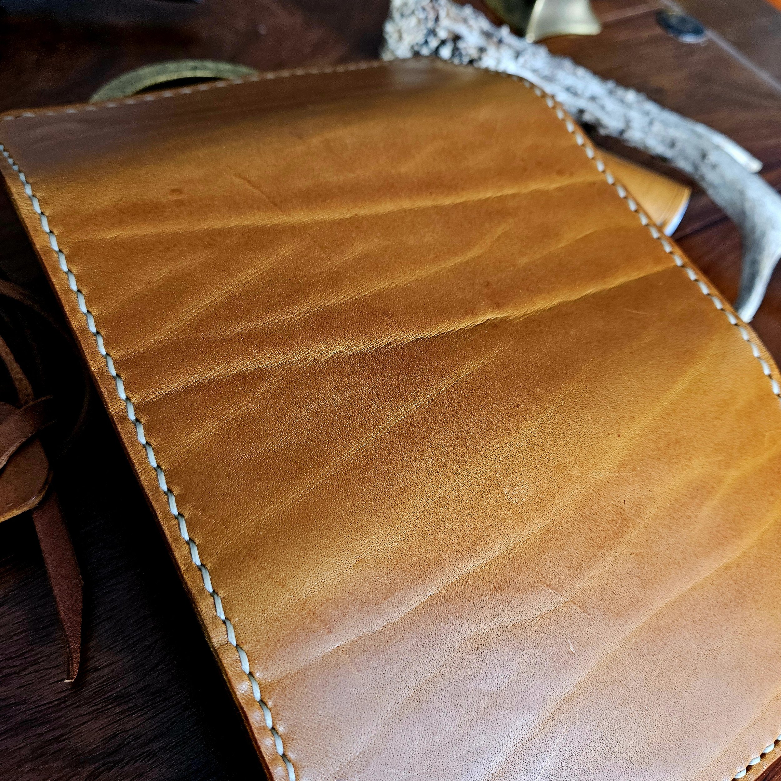 Handmade vegetable tanned leather tobacco pouch. Hand stitched. Unique.