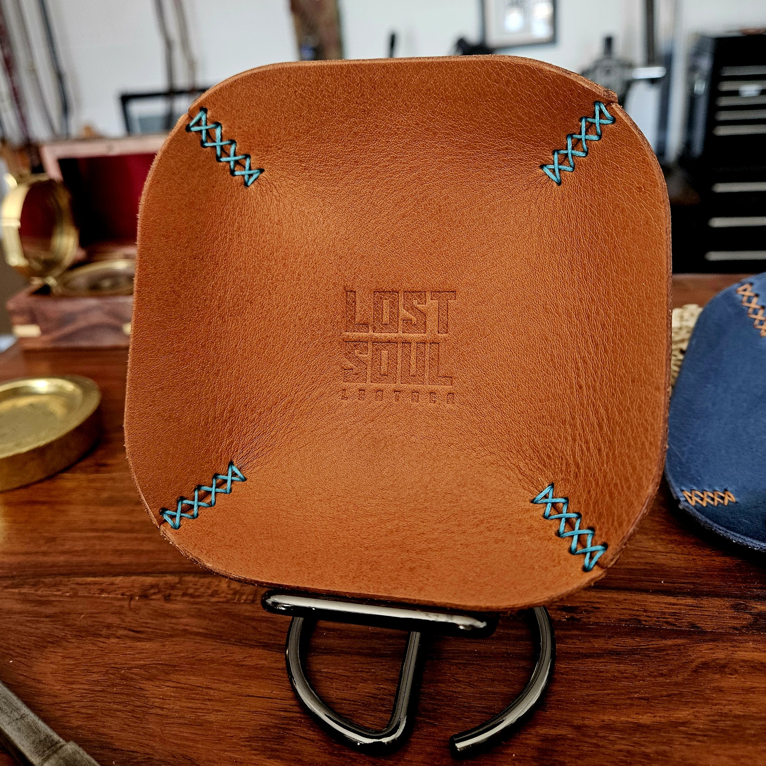 Leather tray, hand stitched. Personalised leather tray. Hand stitched. Vegetable tanned leather.