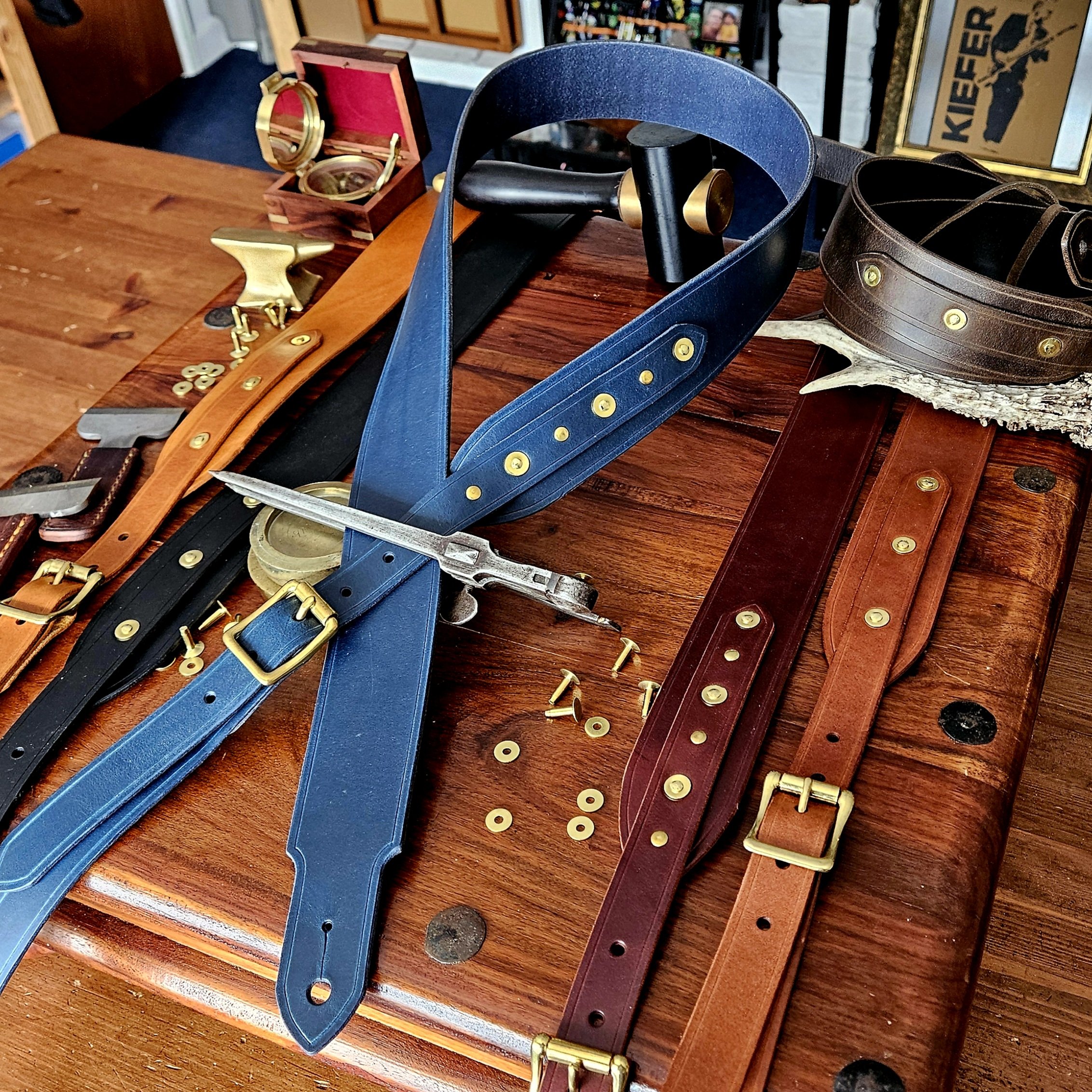 Hand made leather guitar strap. Solid Brass Buckle. Riveted. Made in UK.