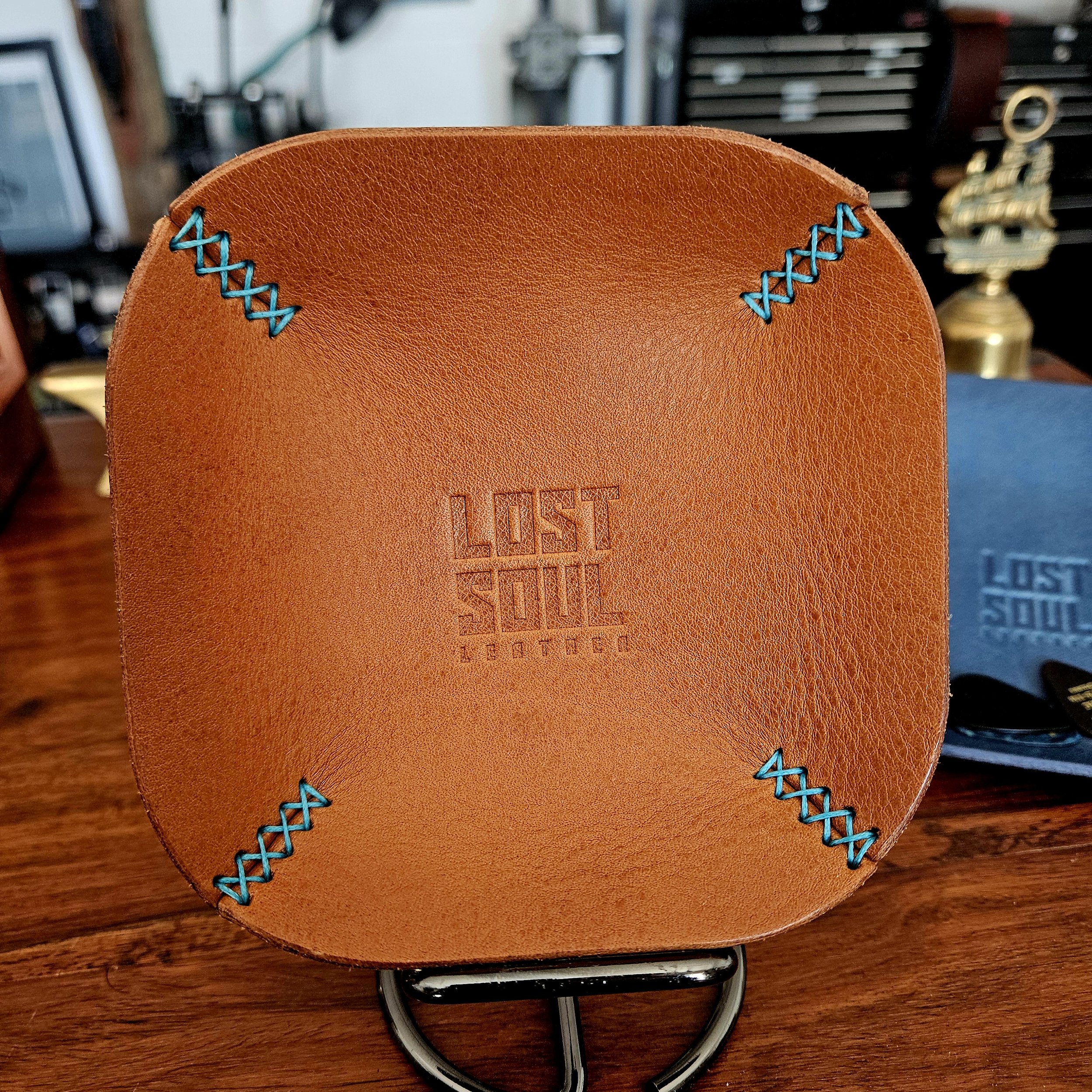 Leather tray, hand stitched. Personalised leather tray. Hand stitched. Vegetable tanned leather.