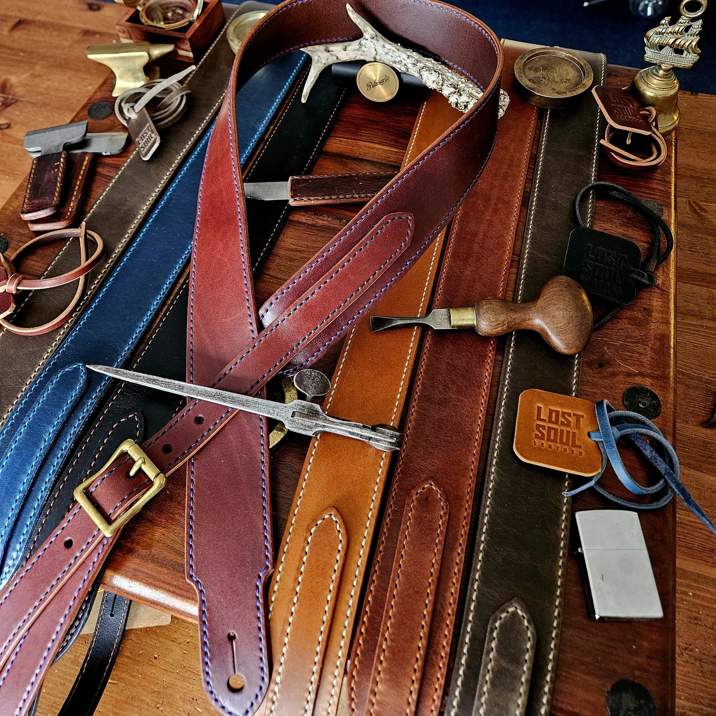 Hand made leather guitar strap. Hand stitched. Solid brass buckle. Made in UK.