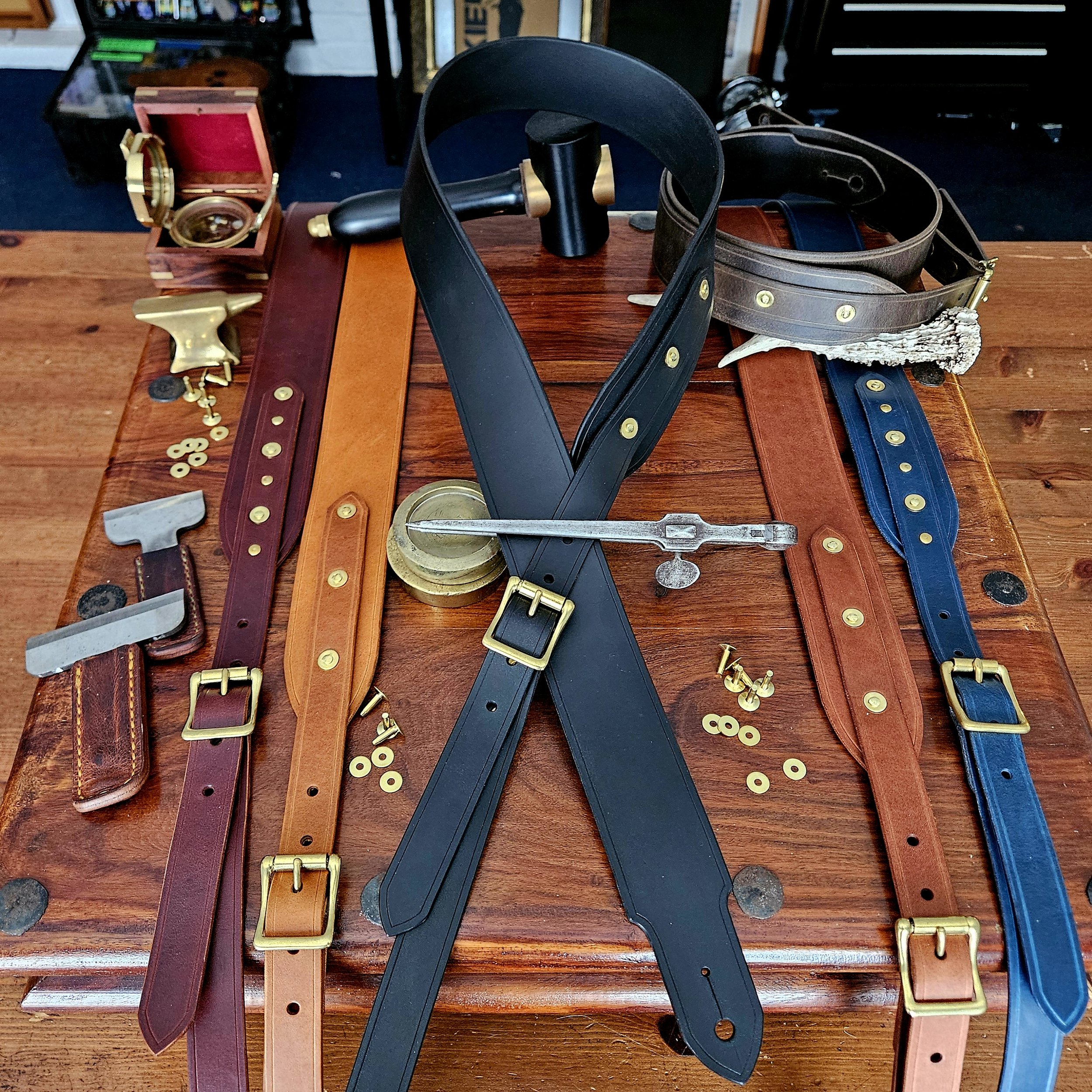 Hand made leather guitar strap. Solid Brass Buckle. Riveted. Made in UK.