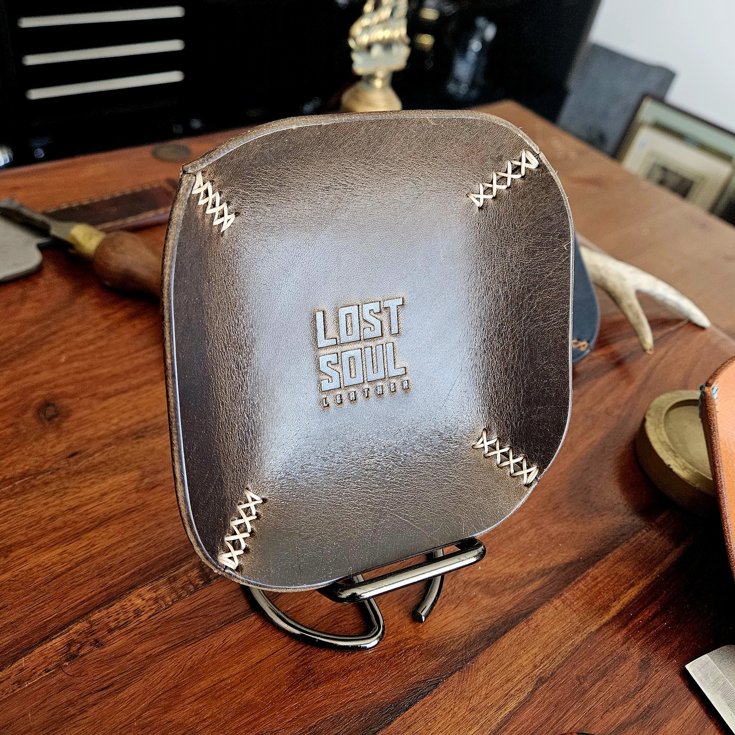 Leather tray, hand stitched. Personalised leather tray. Hand stitched. Vegetable tanned leather.