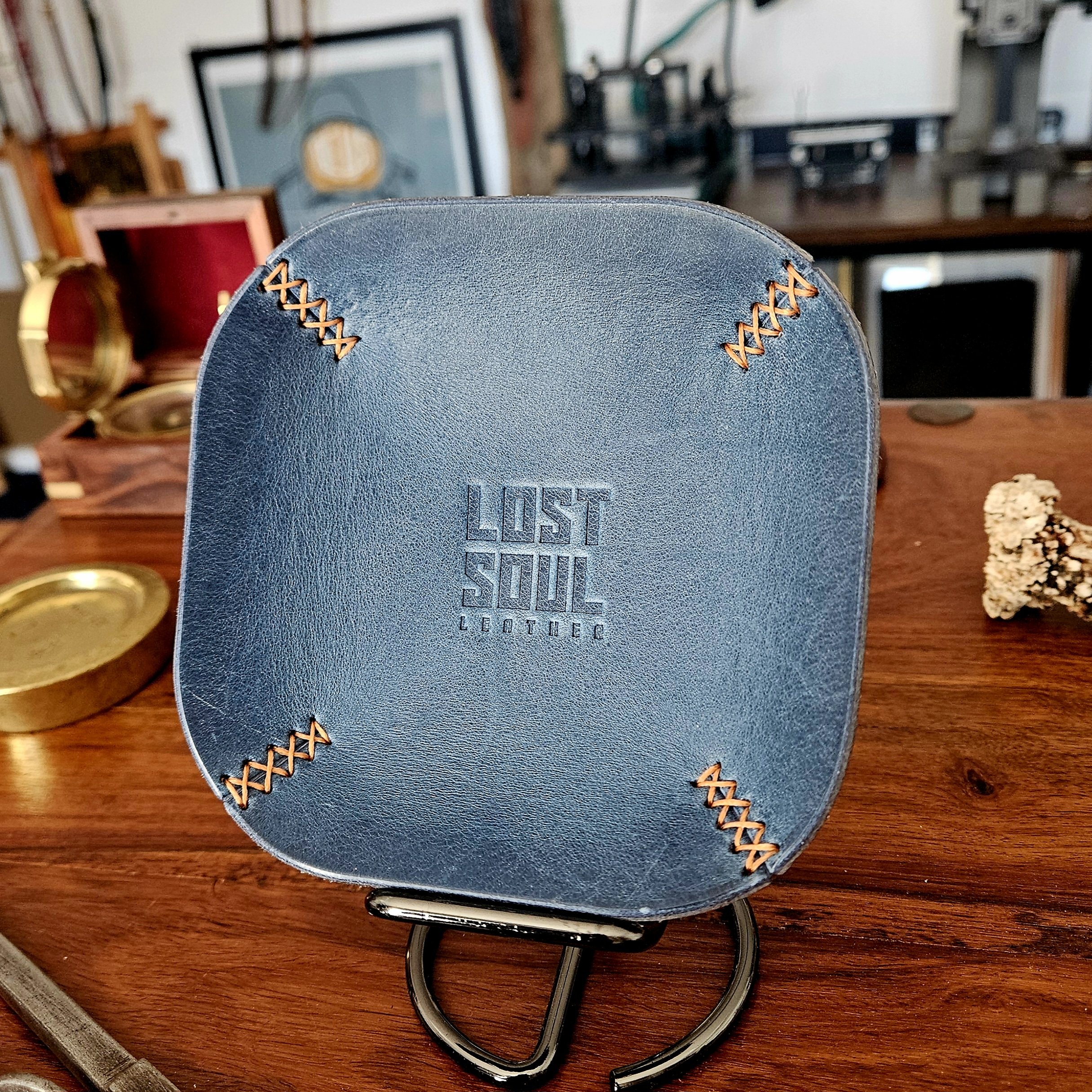Leather tray, hand stitched. Personalised leather tray. Hand stitched. Vegetable tanned leather.