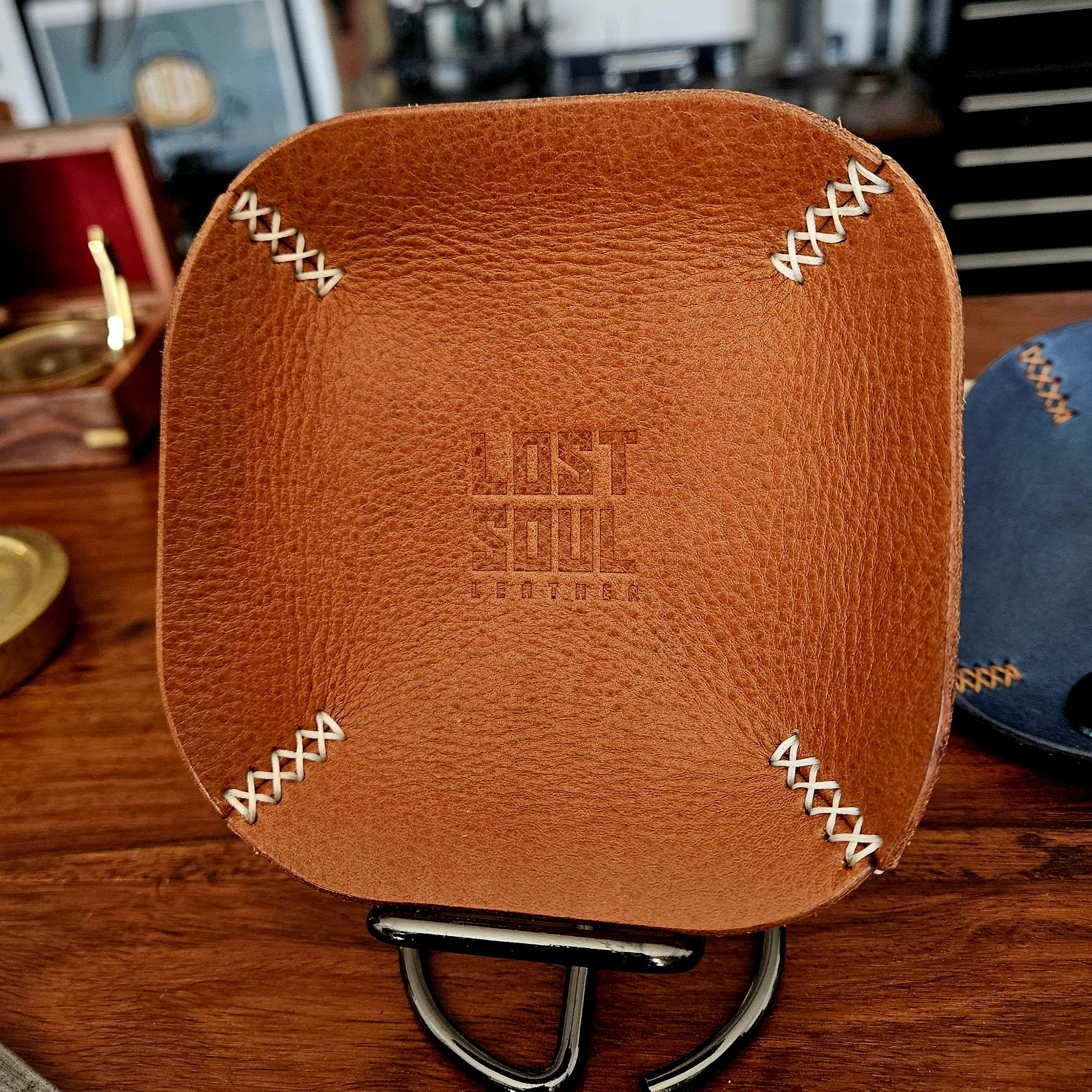 Leather tray, hand stitched. Personalised leather tray. Hand stitched. Vegetable tanned leather.