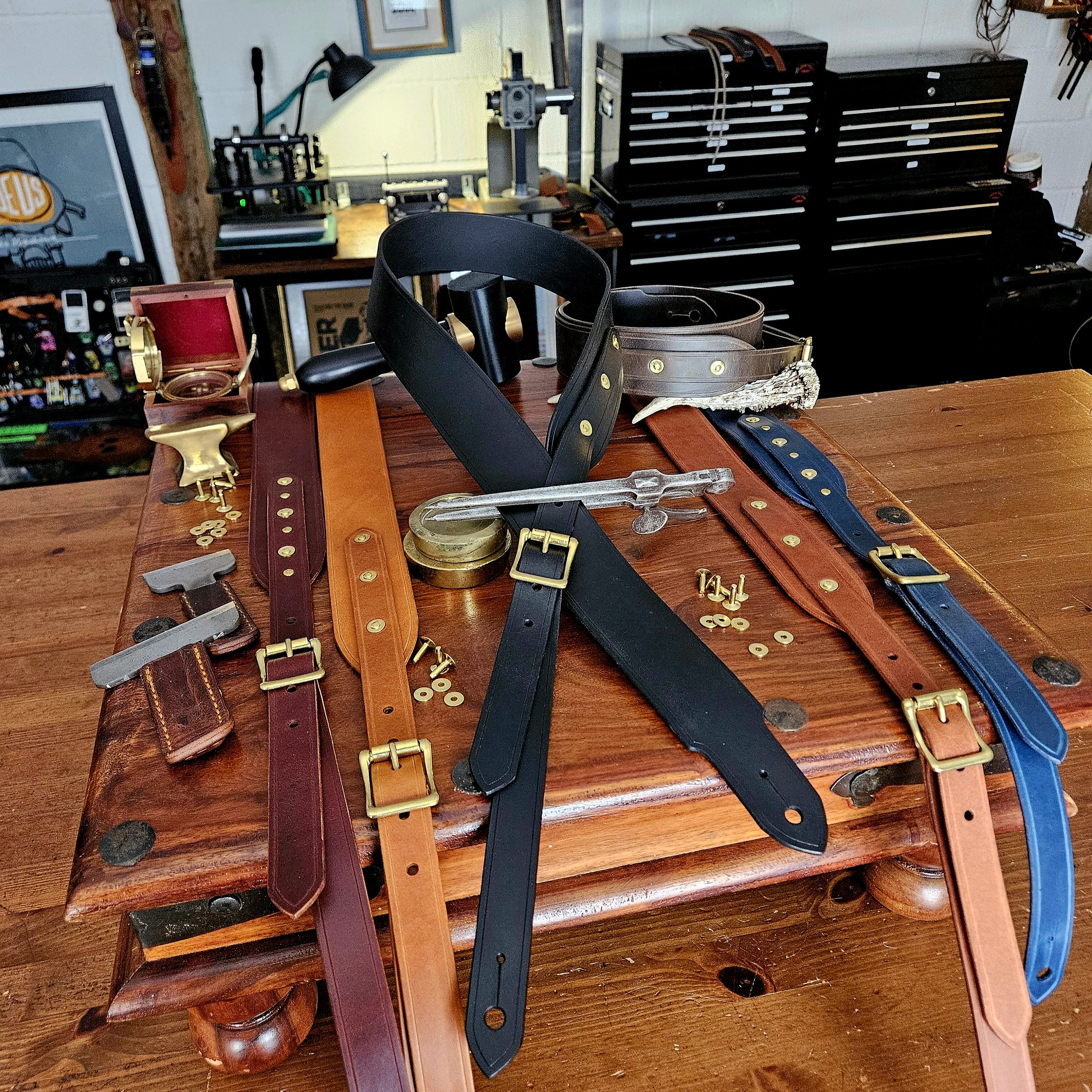 Hand made leather guitar strap. Solid Brass Buckle. Riveted. Made in UK.