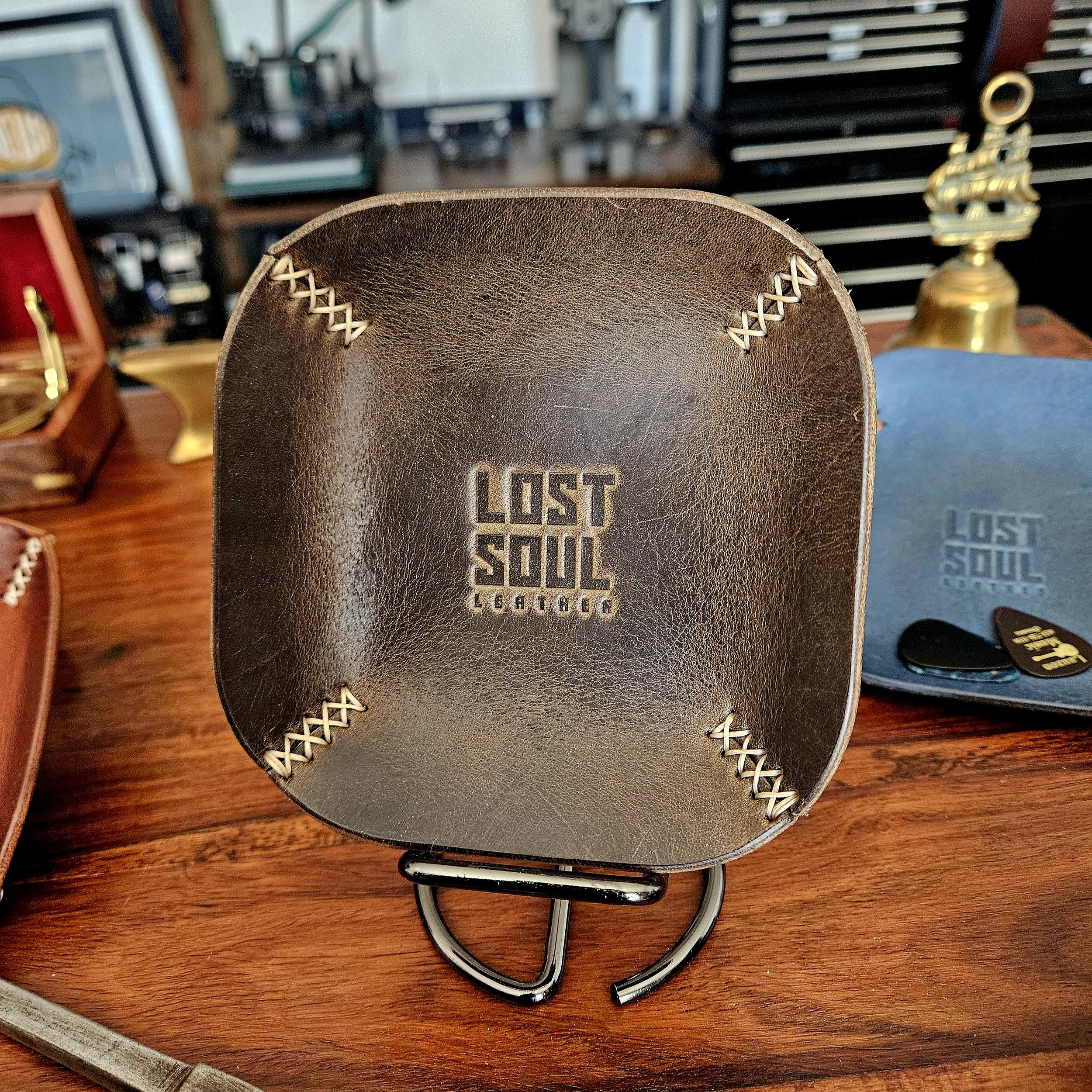 Leather tray, hand stitched. Personalised leather tray. Hand stitched. Vegetable tanned leather.
