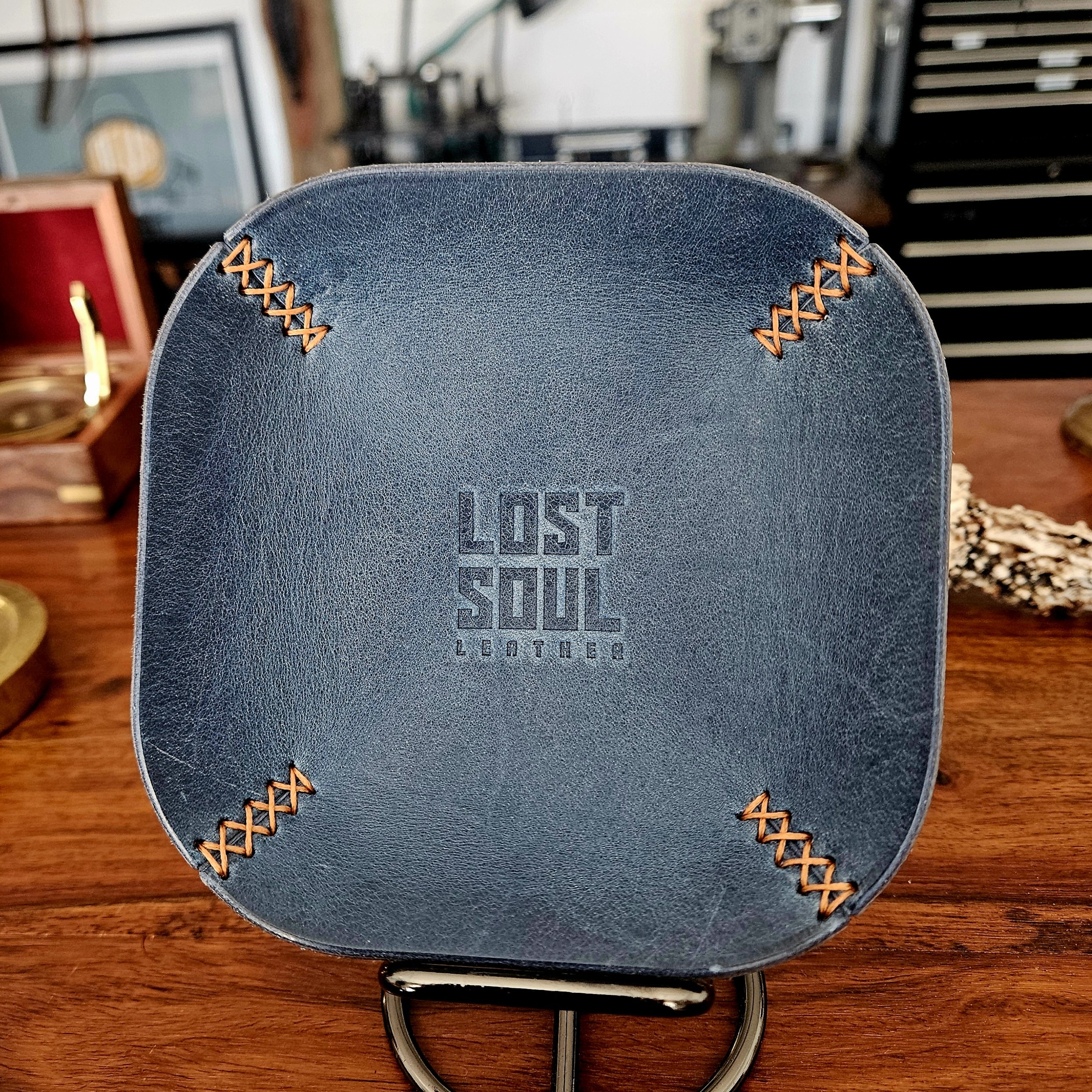 Leather tray, hand stitched. Personalised leather tray. Hand stitched. Vegetable tanned leather.
