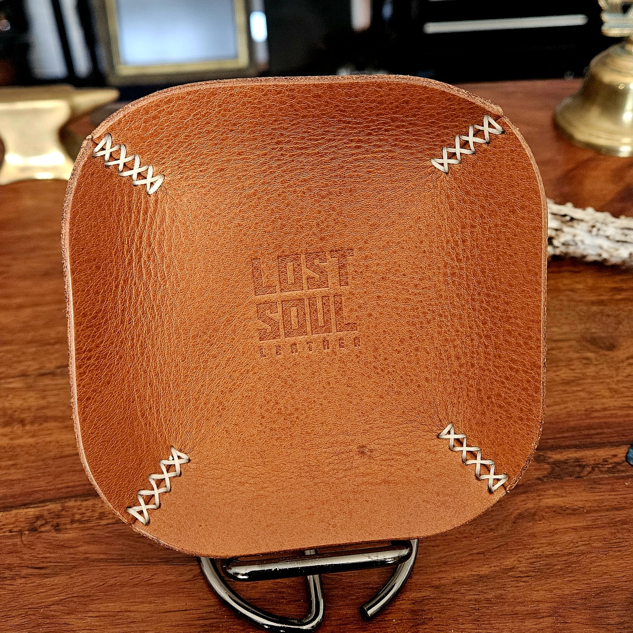 Leather tray, hand stitched. Personalised leather tray. Hand stitched. Vegetable tanned leather.