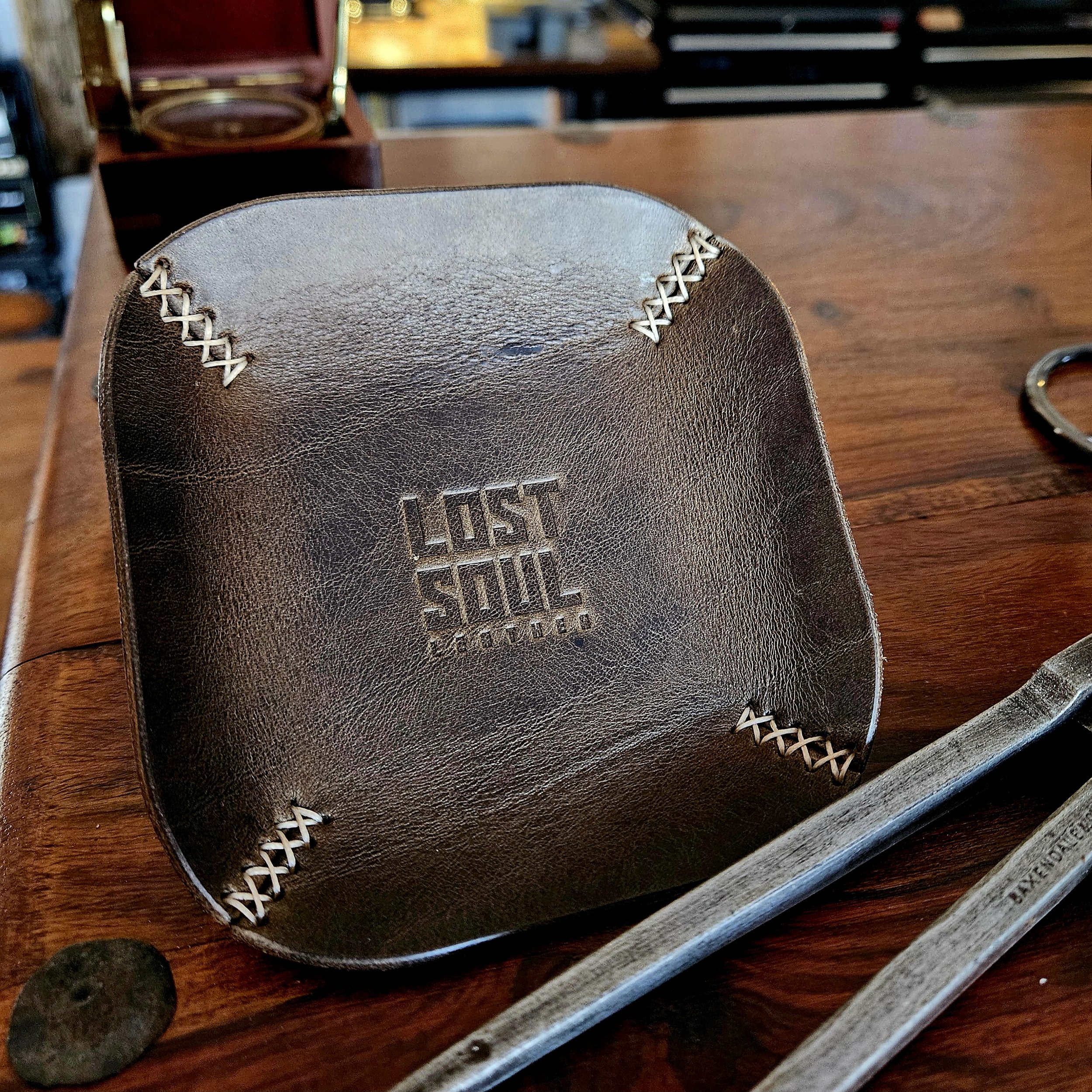 Leather tray, hand stitched. Personalised leather tray. Hand stitched. Vegetable tanned leather.