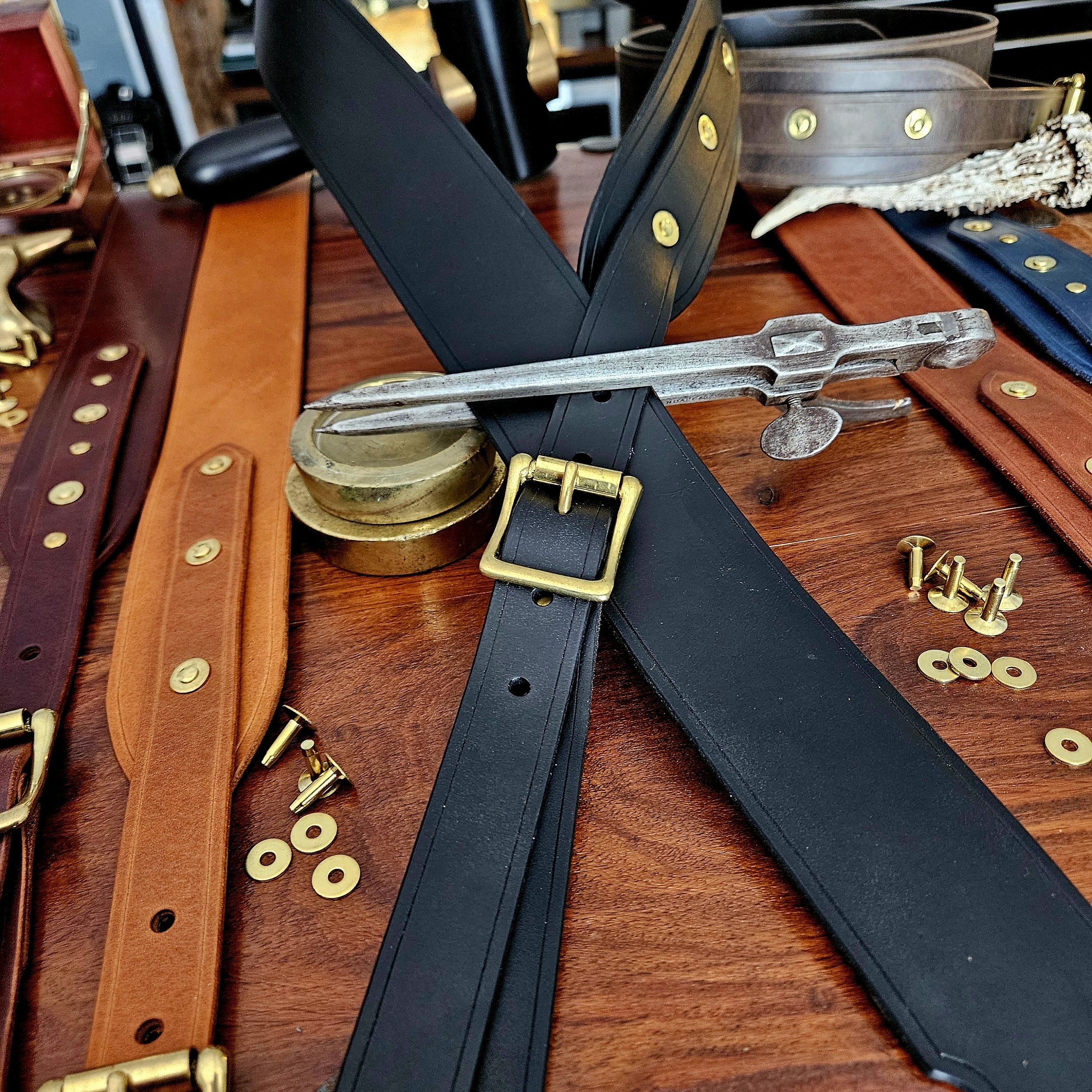 Hand made leather guitar strap. Solid Brass Buckle. Riveted. Made in UK.