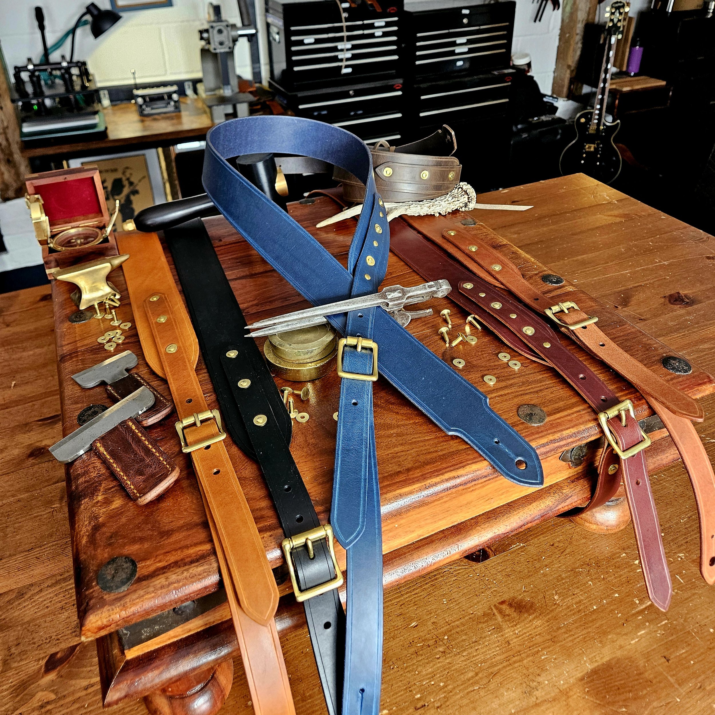 Hand made leather guitar strap. Solid Brass Buckle. Riveted. Made in UK.
