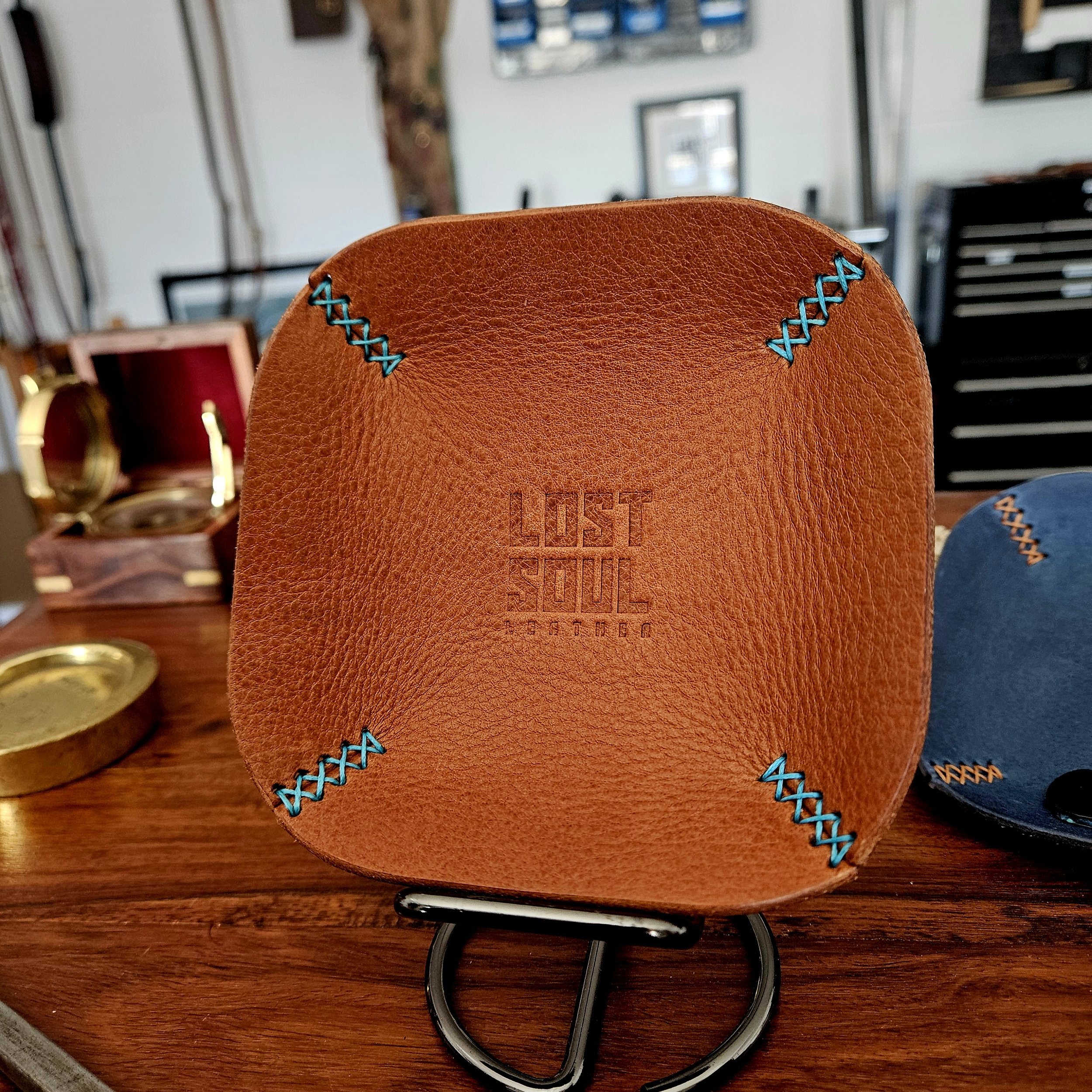 Leather tray, hand stitched. Personalised leather tray. Hand stitched. Vegetable tanned leather.