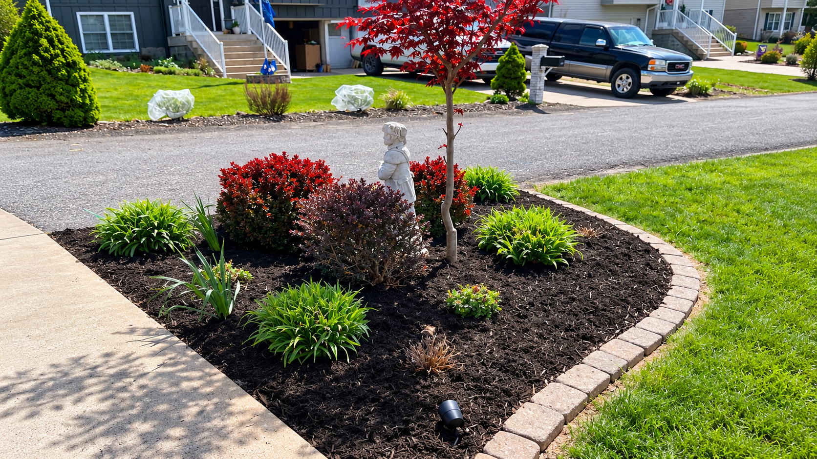 Front yard garden with various plants and a small statue of a girl with arms crossed, surrounded by mulch and brick edging, in a suburban neighborhood with houses and parked cars in the background
