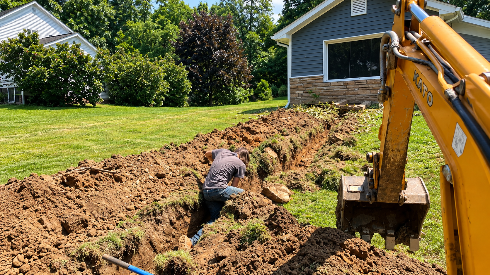 Person working on a trench in a backyard with a yellow excavator nearby, with a house and green trees in the background.