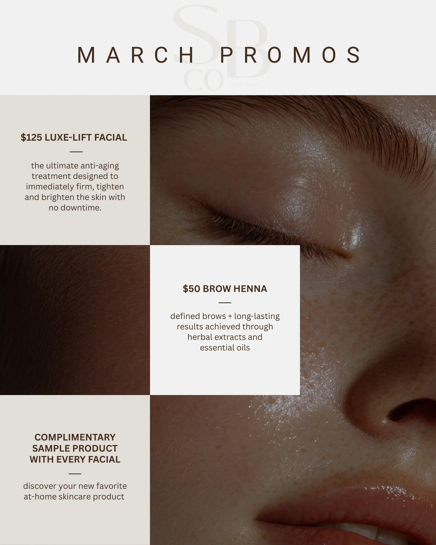 a new month means new selfcare intentions 💭

🔗our Luxe-Lift Facial is back! this anti-aging treatment is packed with peptides, antioxidants, and enzymes to deliver instant results.

🌱brow henna is a natural brow coloring option for defined, shaped