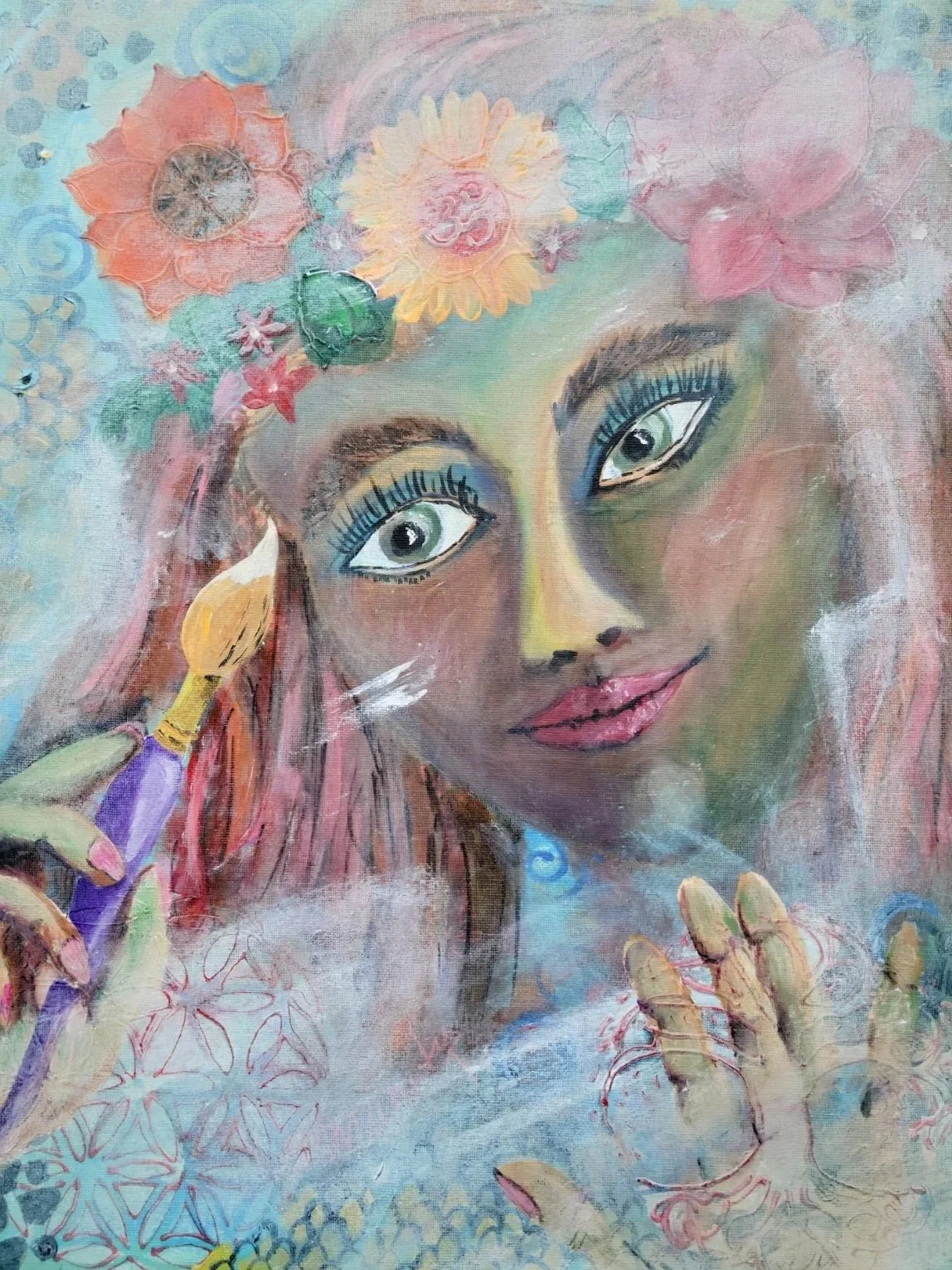Intuitive art “Muriel” by Lori Poff Kellogg depicting a woman wiping fog from glass and holding a paintbrush, representing clarity and empowerment through art
