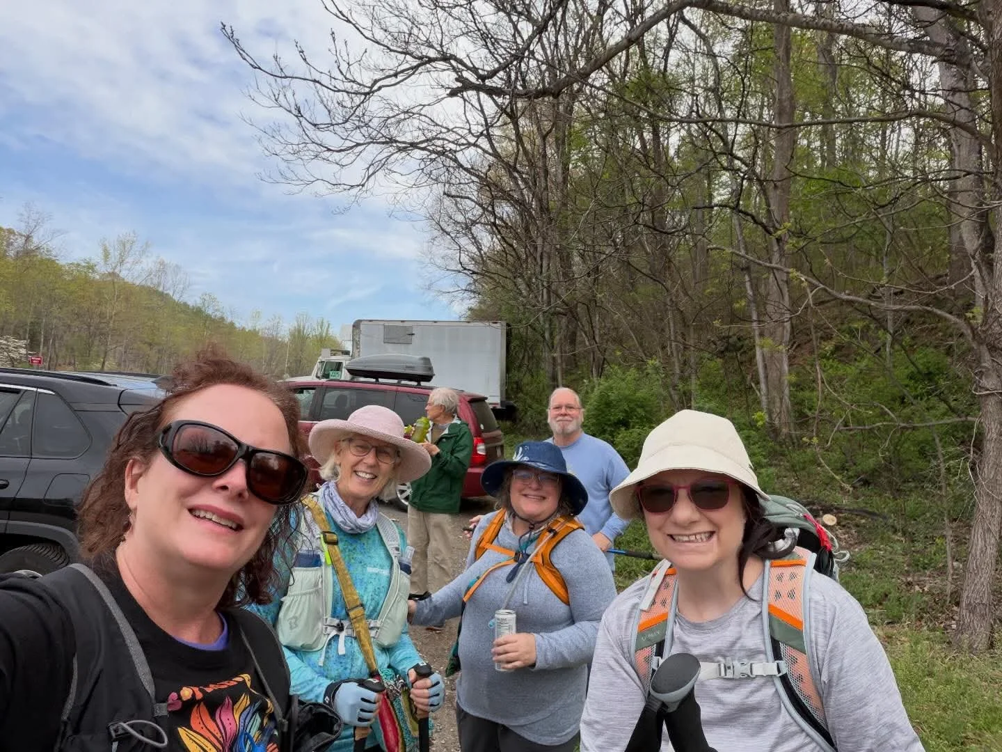 Brenna, Nancy, me, and Lara (and Stephen in the back) on the first day of walking on the Great Mother March, April 12, 2026