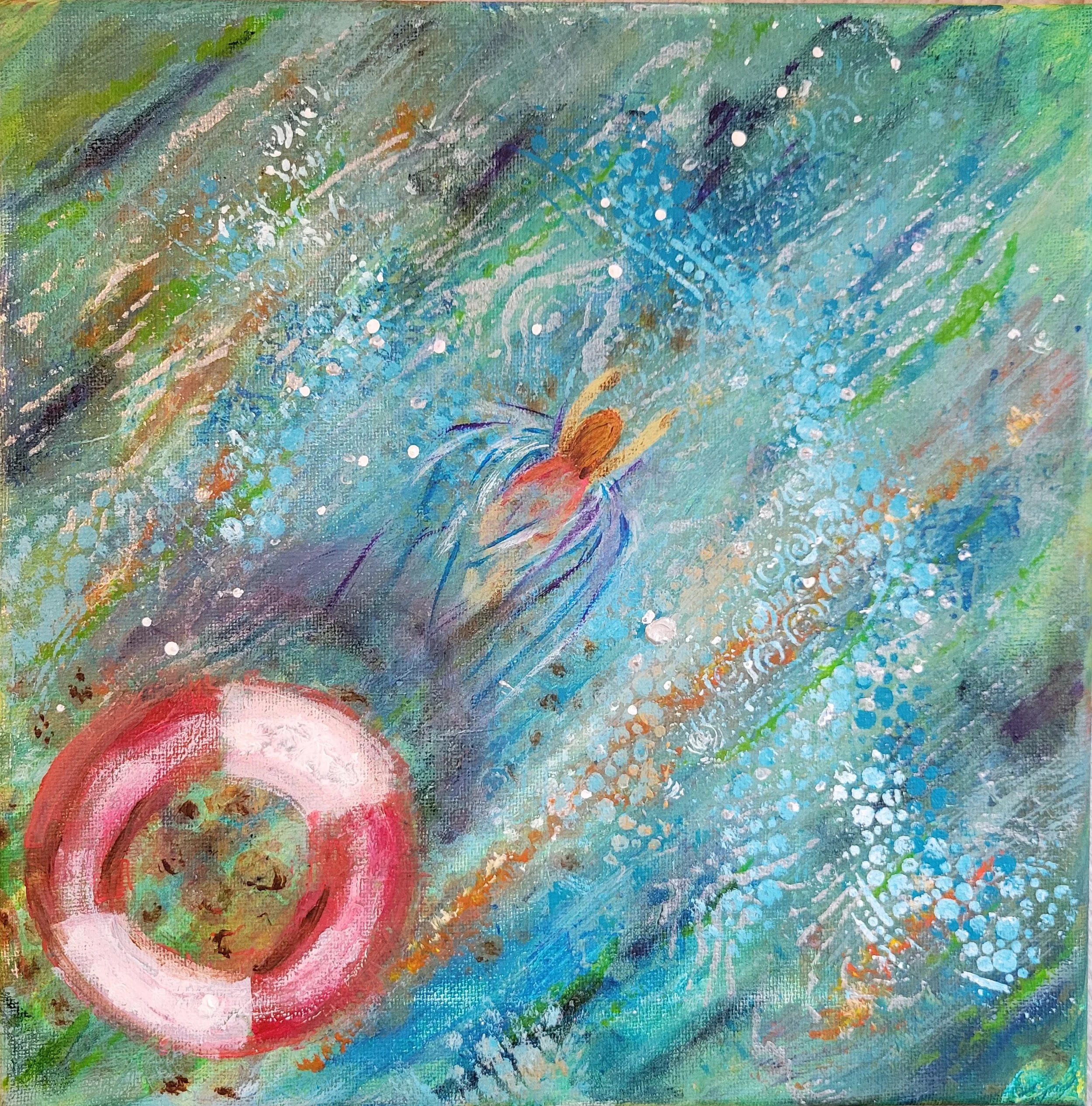 Held By the Deep, a painting by Lori Poff Kellogg about letting go of a life preserver and trusting the open water