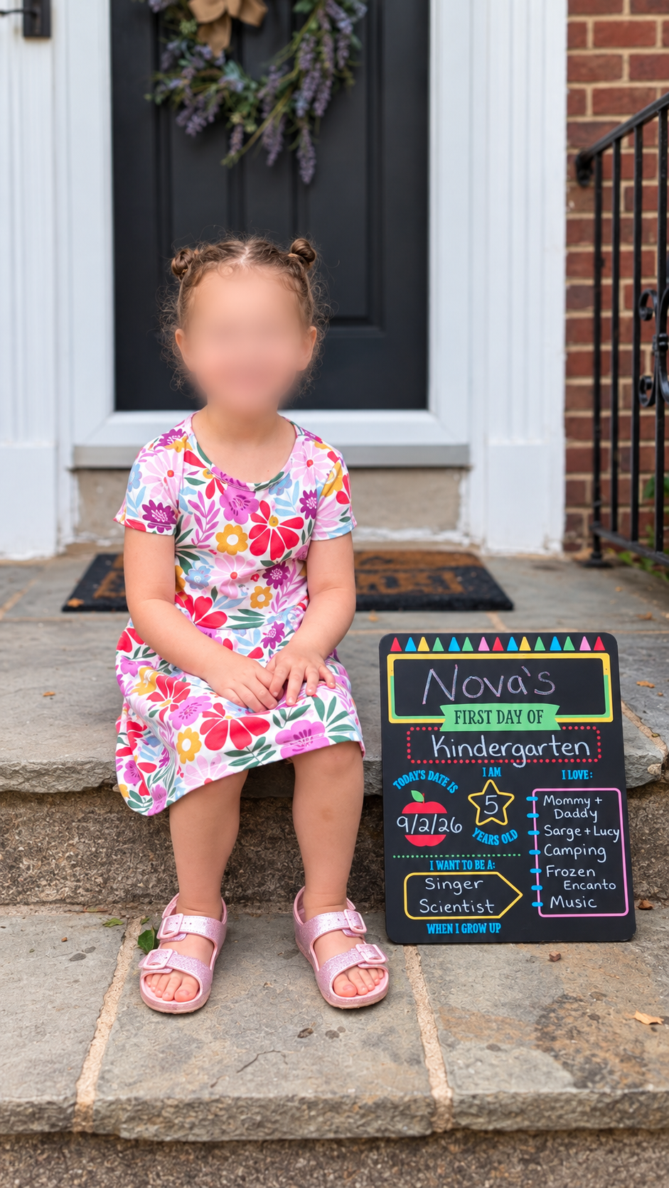 Young girl with space buns on her first day of kindergarten