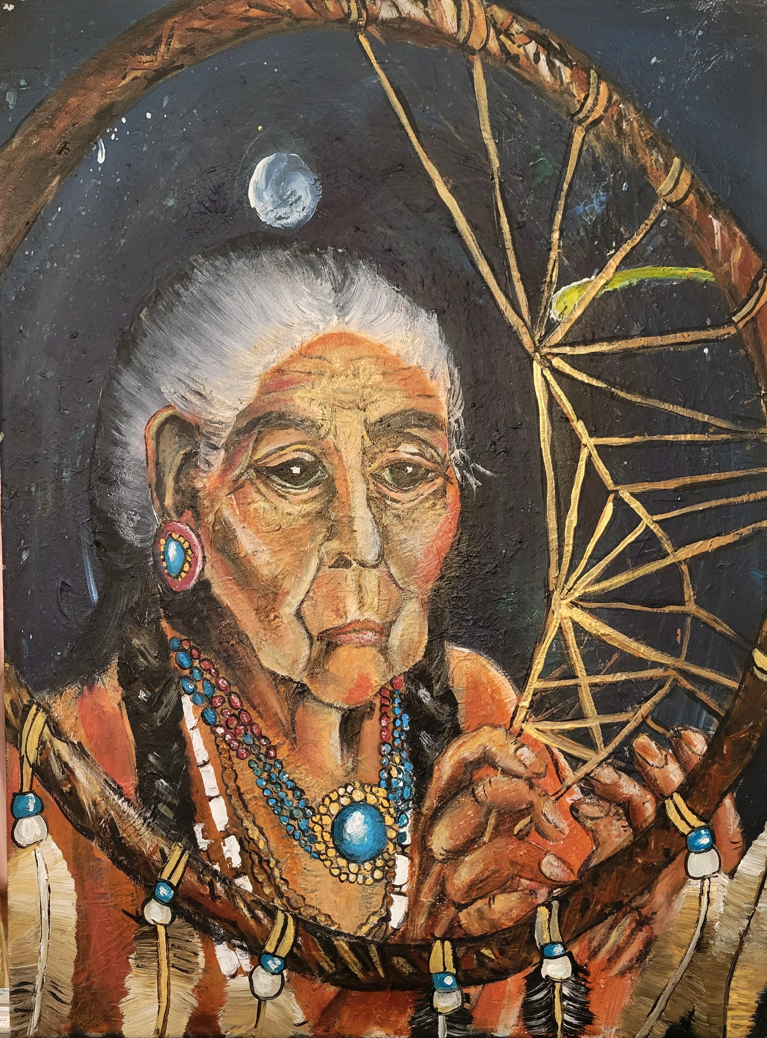 It's Never Too Late to Dream New Dreams, a painting by Lori Poff Kellogg of a wise old woman weaving a dreamcatcher, August 2026