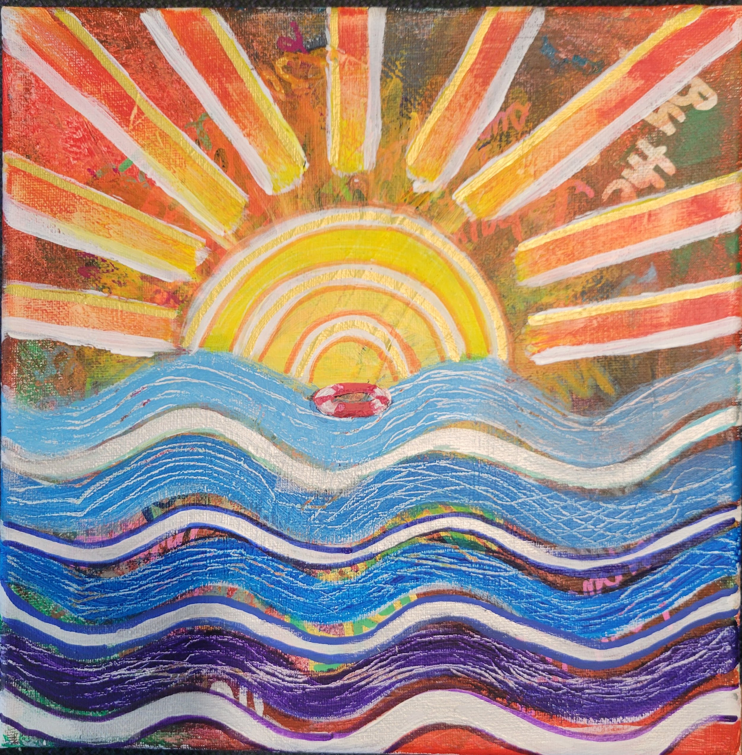 I Have Always Been Supported, a painting by Lori Poff Kellogg of a small life preserver on a vast ocean under a rising sun