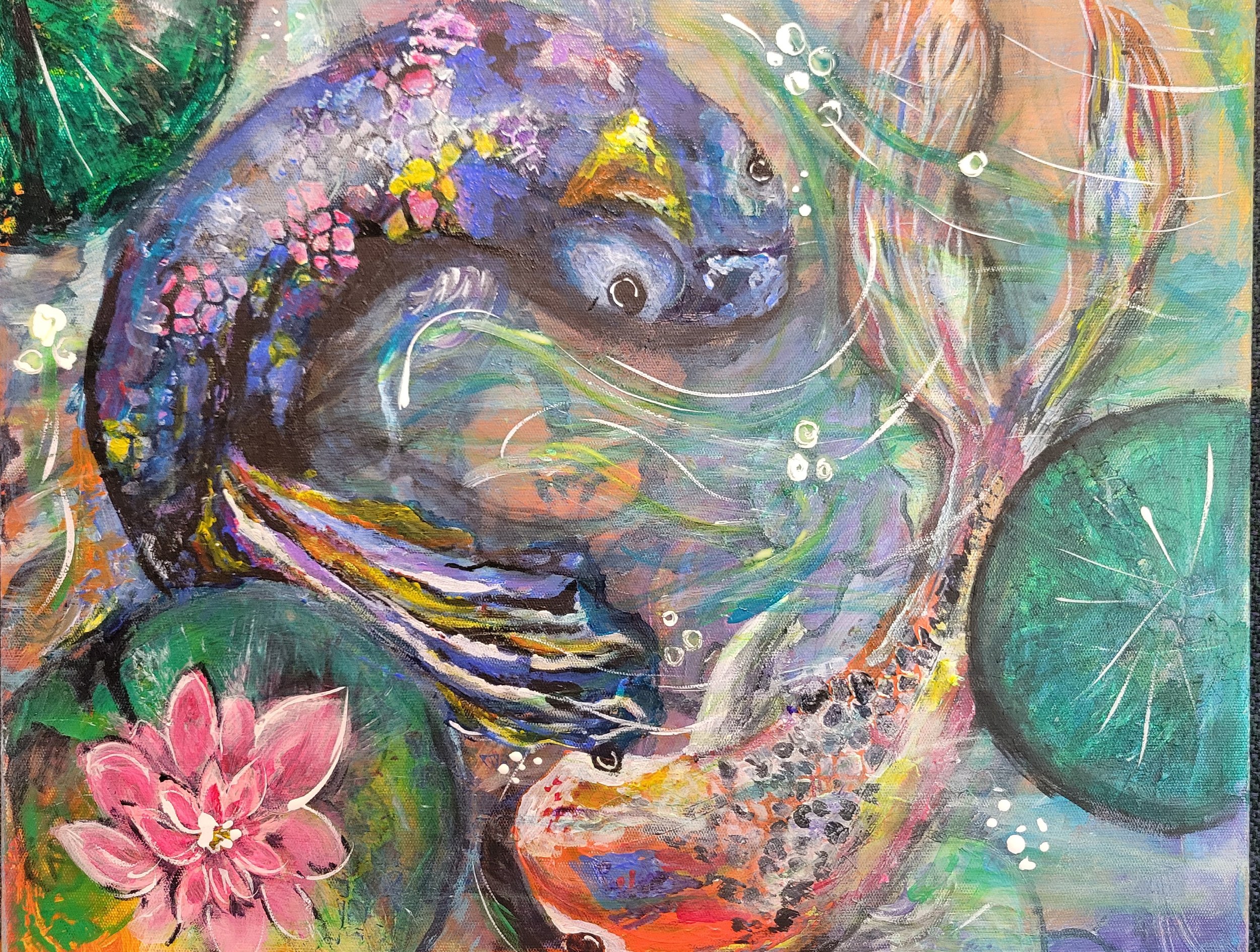 Painting of fish in Yin Yang position painted by Lori Poff Kellogg. Titled "Spring Blessing" depicting a woman wiping fog from glass and holding a paintbrush, representing clarity and empowerment through art