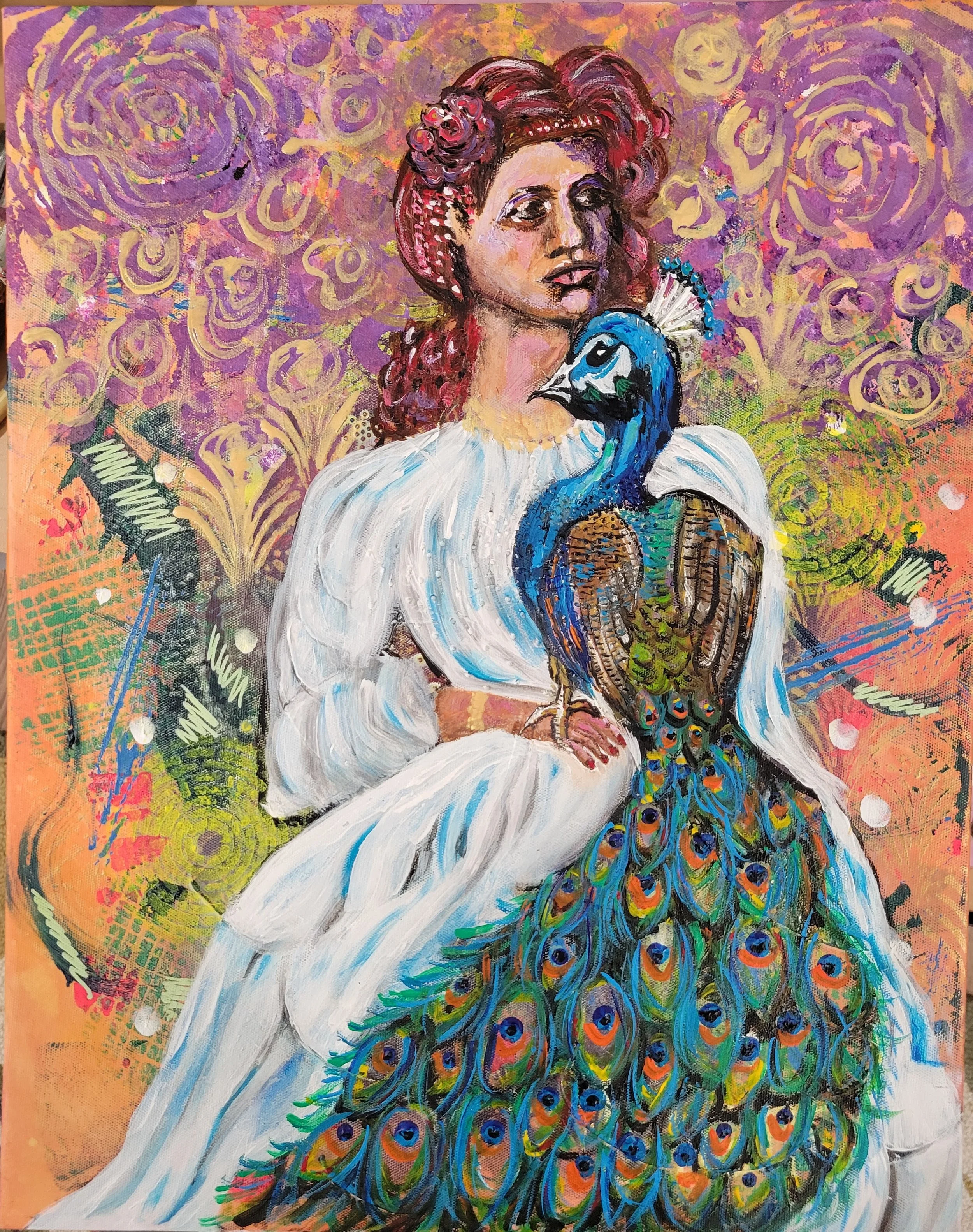 Final image of woman in a white dress sitting with a peacock on her lap.  Both have calm expressions on their faces.