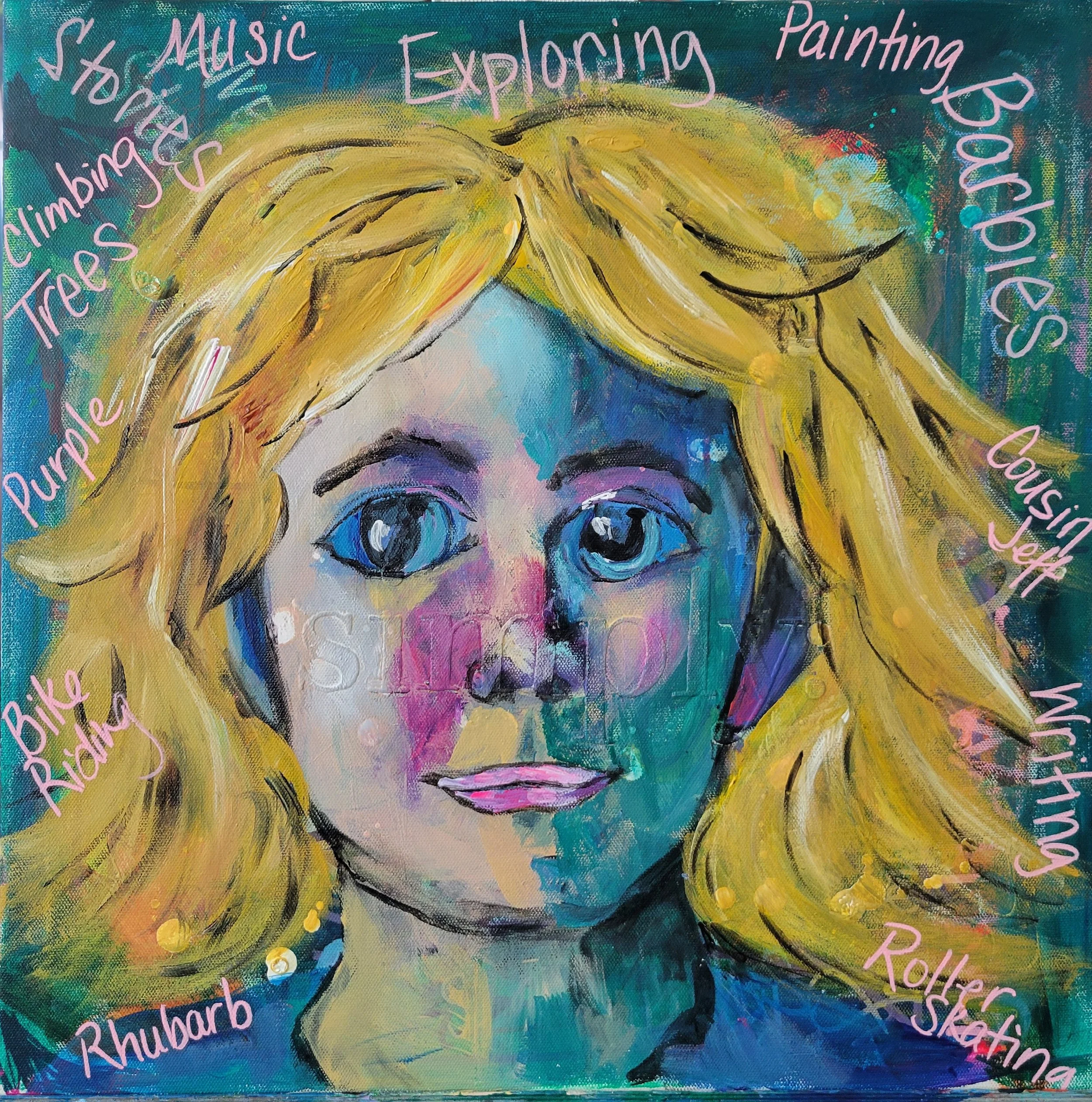  Expressive paintig of young girls face with words around it painted by Lori Poff Kellogg
