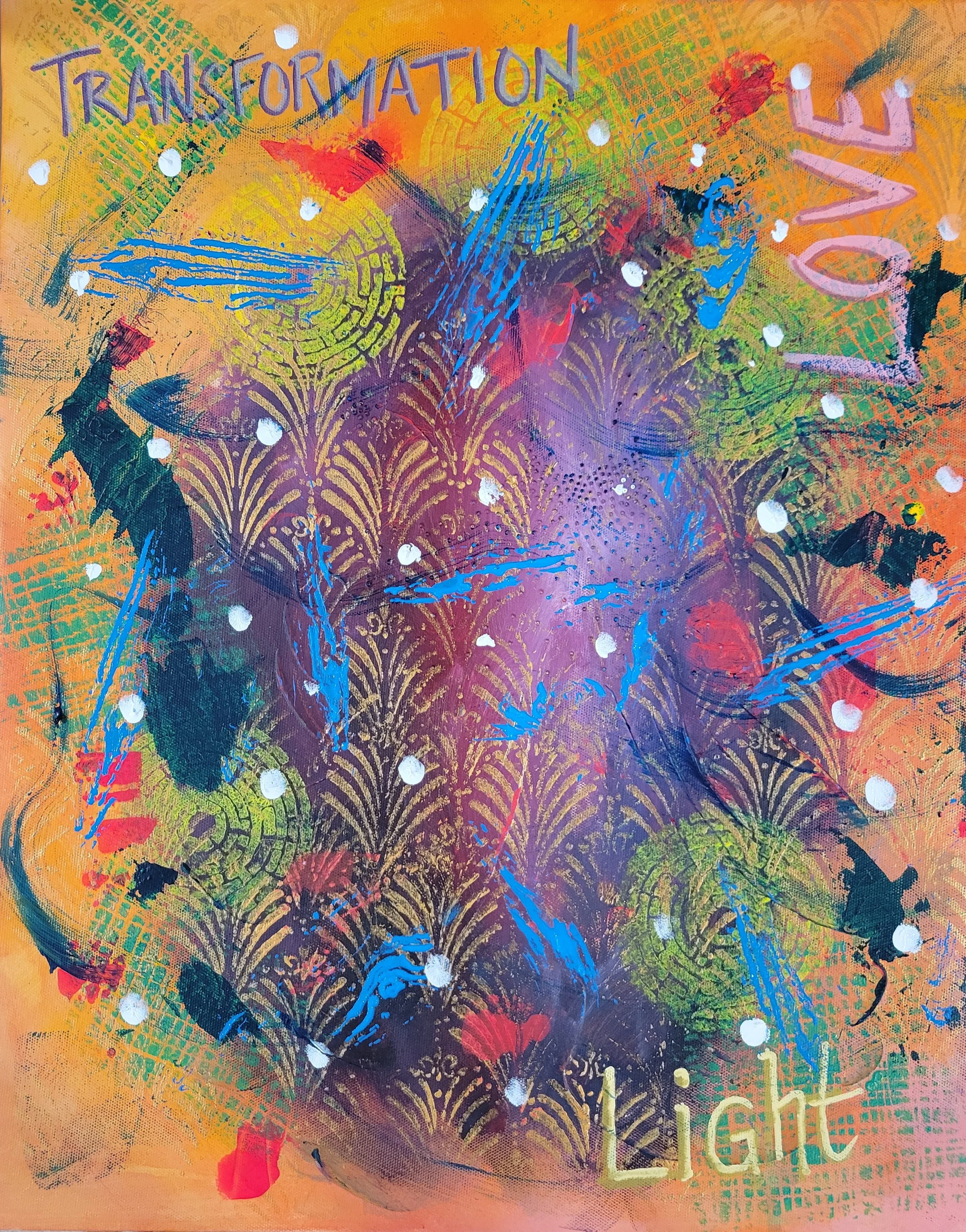 layer two of painting showing random shapes, colors, and words written all over in many colors including purple, blue, gold, and pink. The words transformation, love and light are visible.