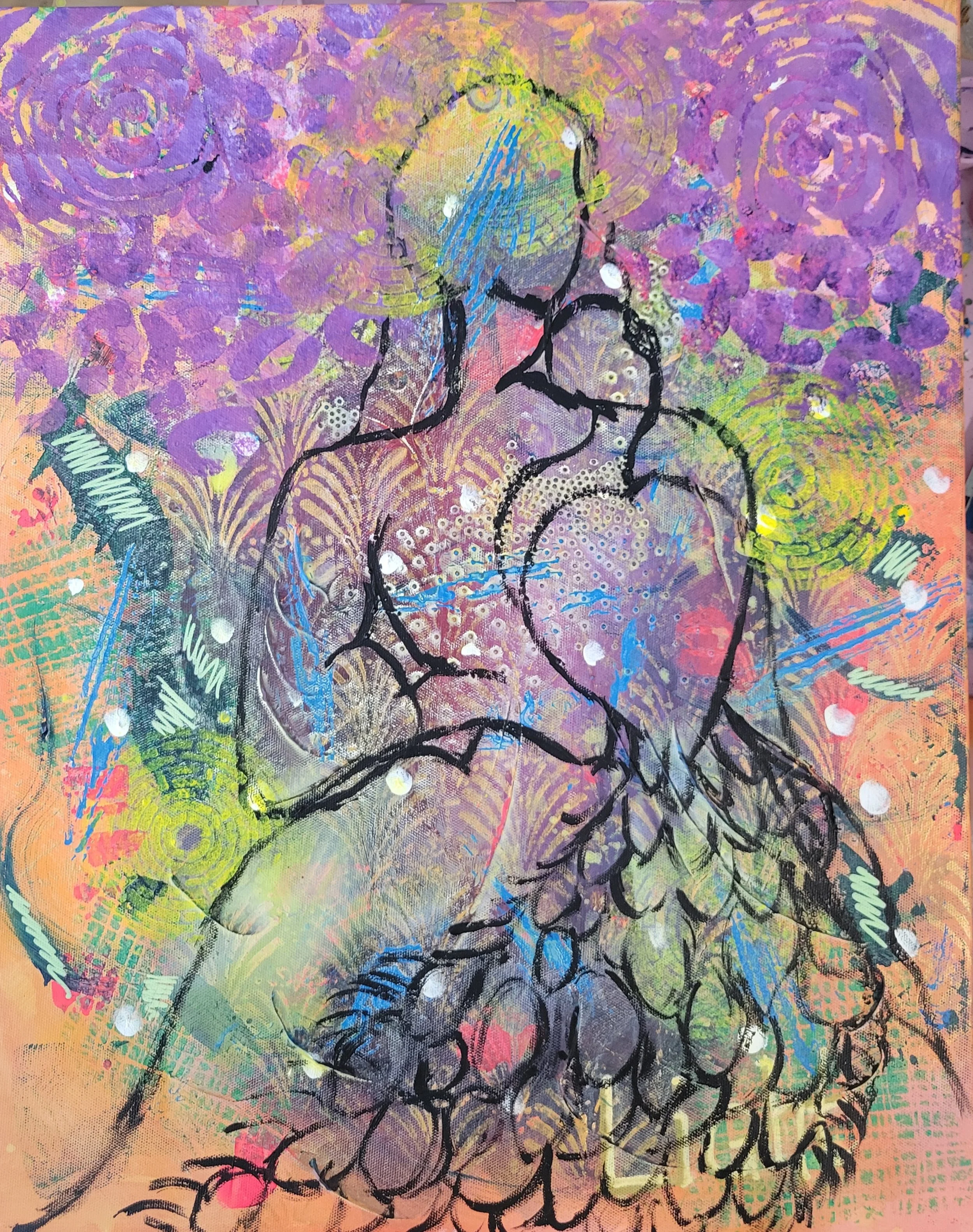 Layer three of painting with outline of woman with a peacock on her lap with abstract purple flowers behind her.