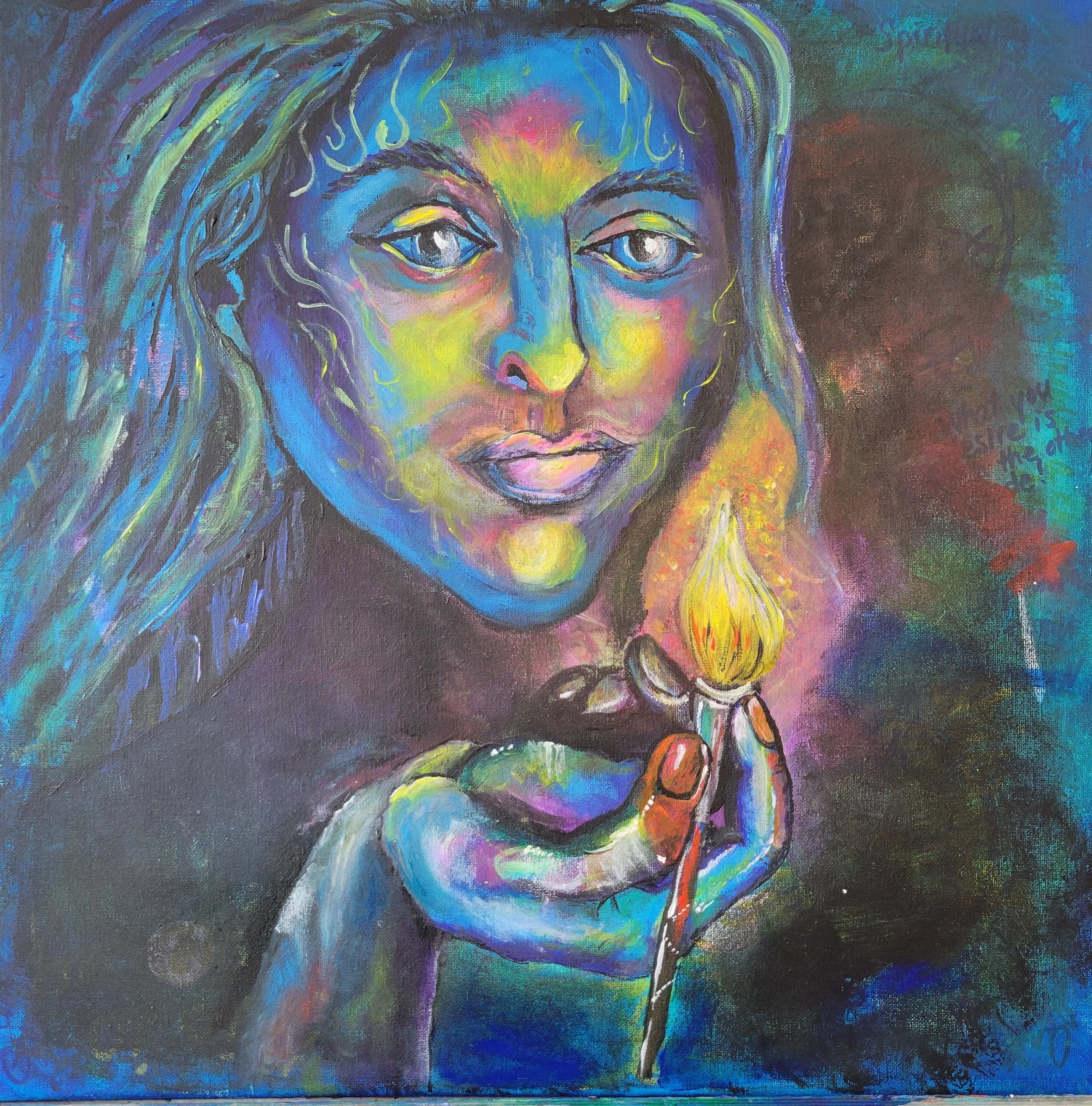 Painting by Lori Poff Kellogg of a woman holding a glowing paintbrush, with faint words from an earlier painting showing through