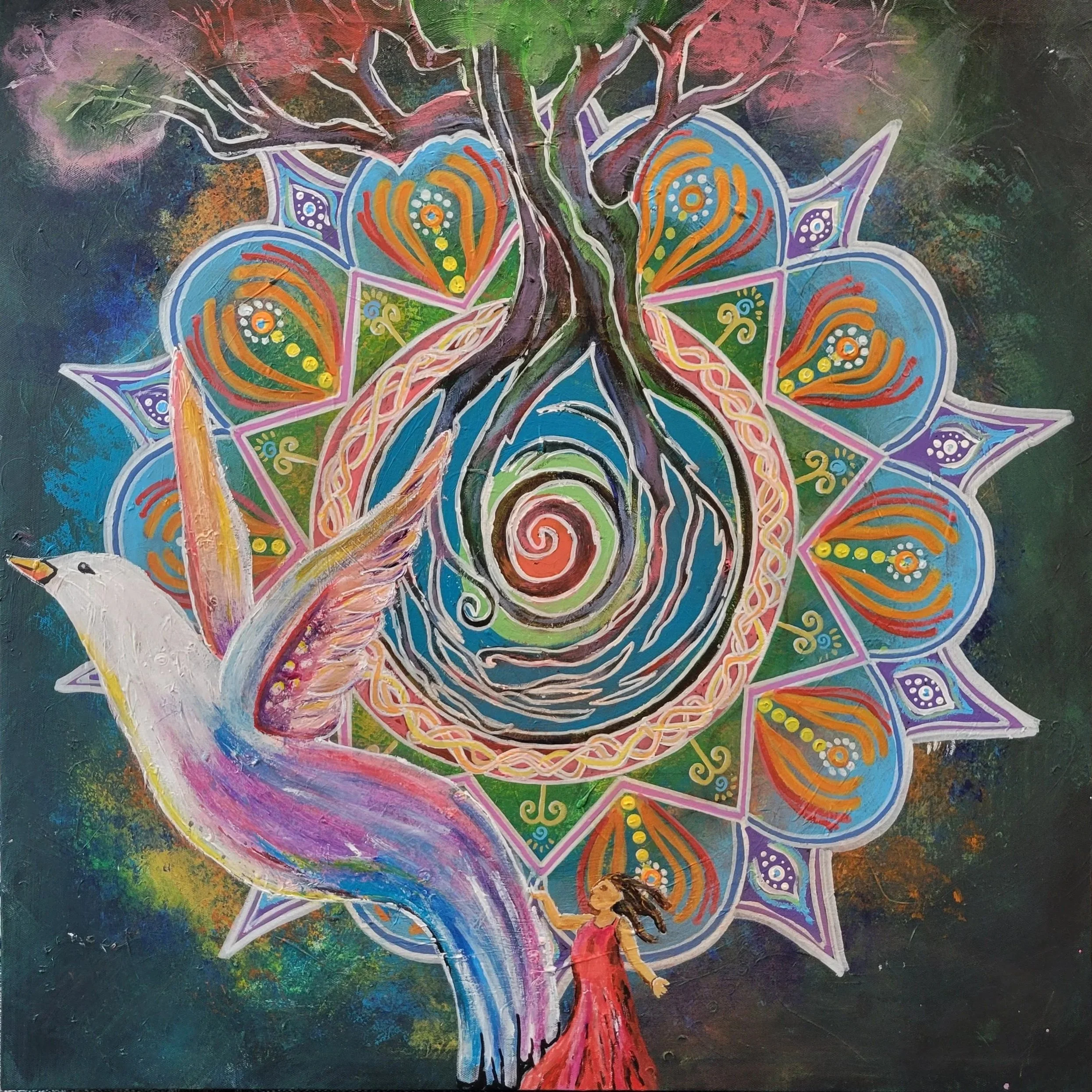 Intuitive art “Rooted and Rising” by Lori Poff Kellogg featuring a tree rooted around a mandala Earth with a bird soaring upward, symbolizing connection, freedom, and creative awakening