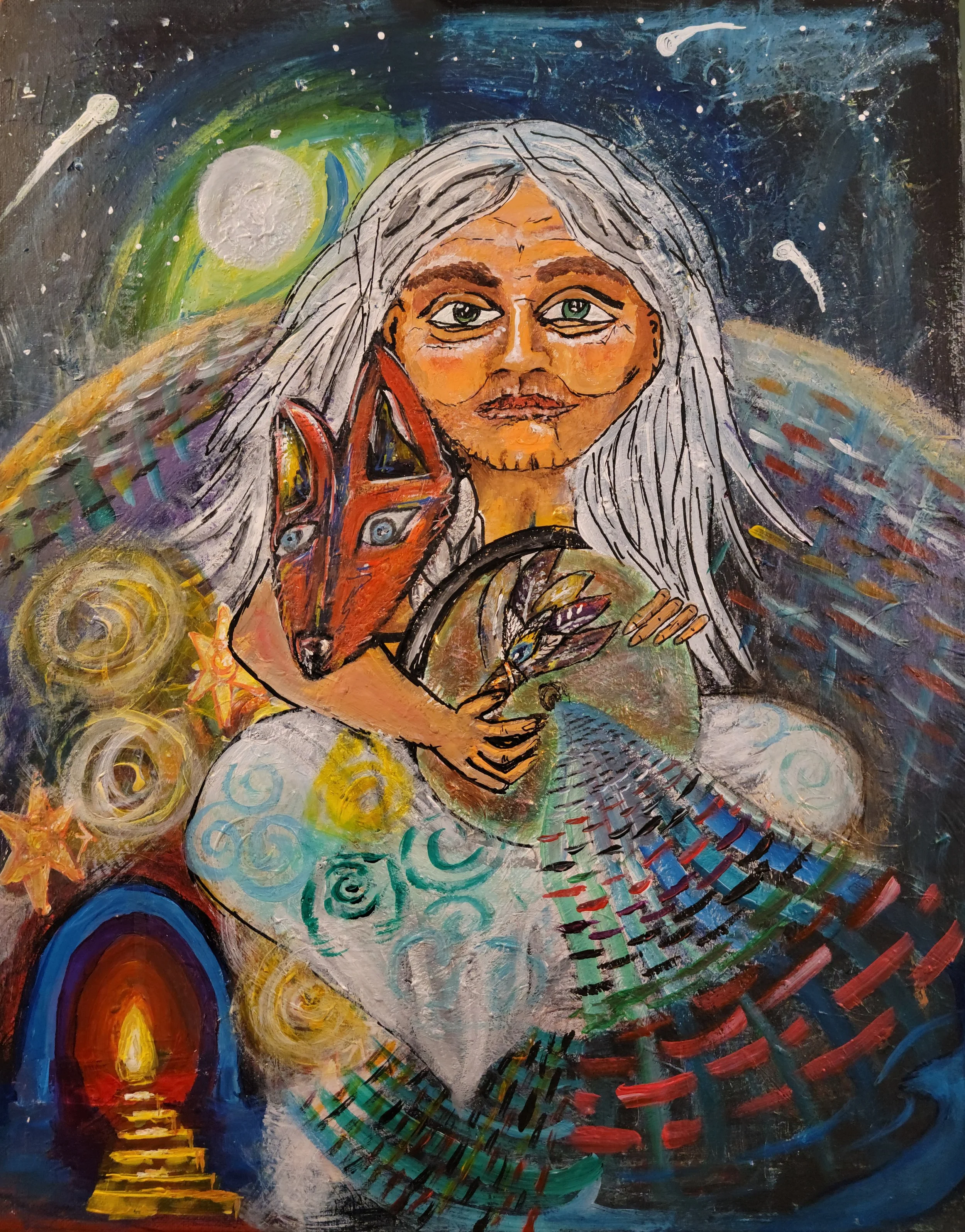 My Helper Archetype by Lori Poff Kellogg, June 2023  of a wise woman weaving in the cosmos, holding a prayer stick
