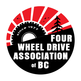 Logo of the Four Wheel Drive Association of BC, featuring a circular emblem with a red and black color scheme, silhouette of a tree, and text 'Since 1977' and the organization name.